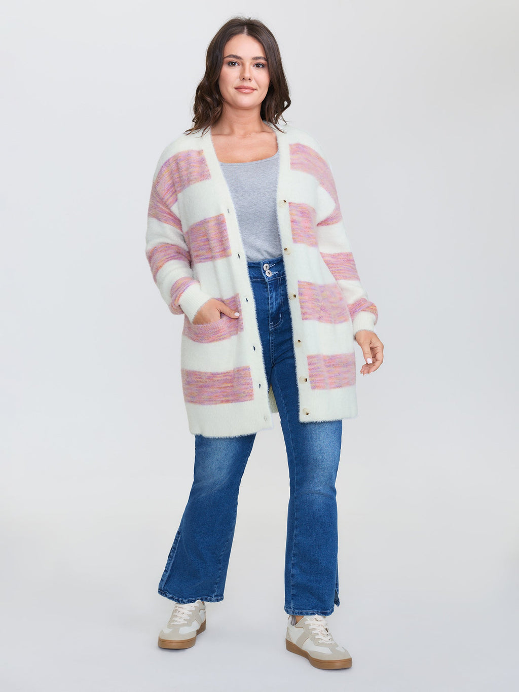 Color Stripes Furry Textured Knit Cardigan