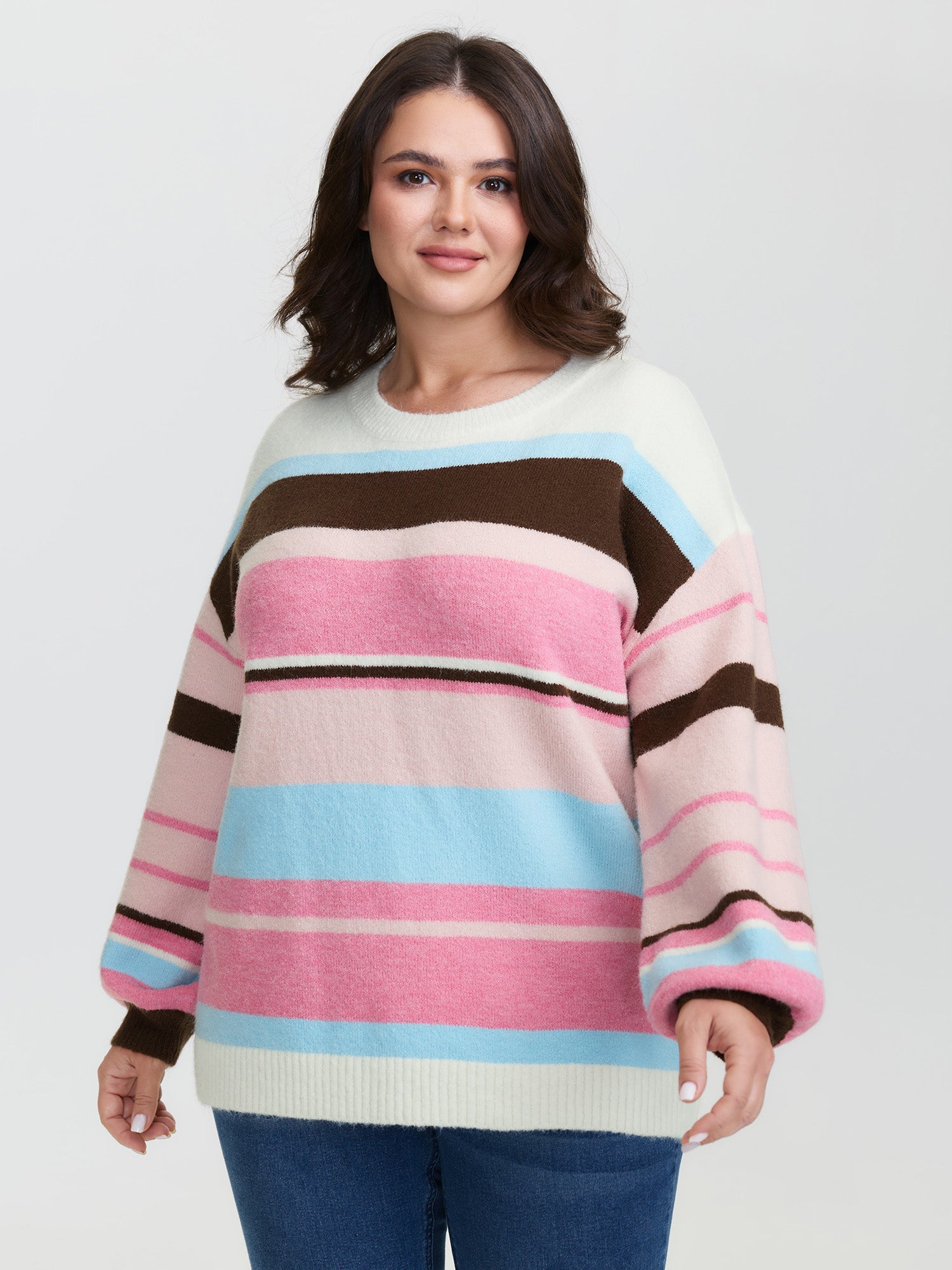 Colorful Stripes Drop Shoulder Lantern Sleeve Pullover