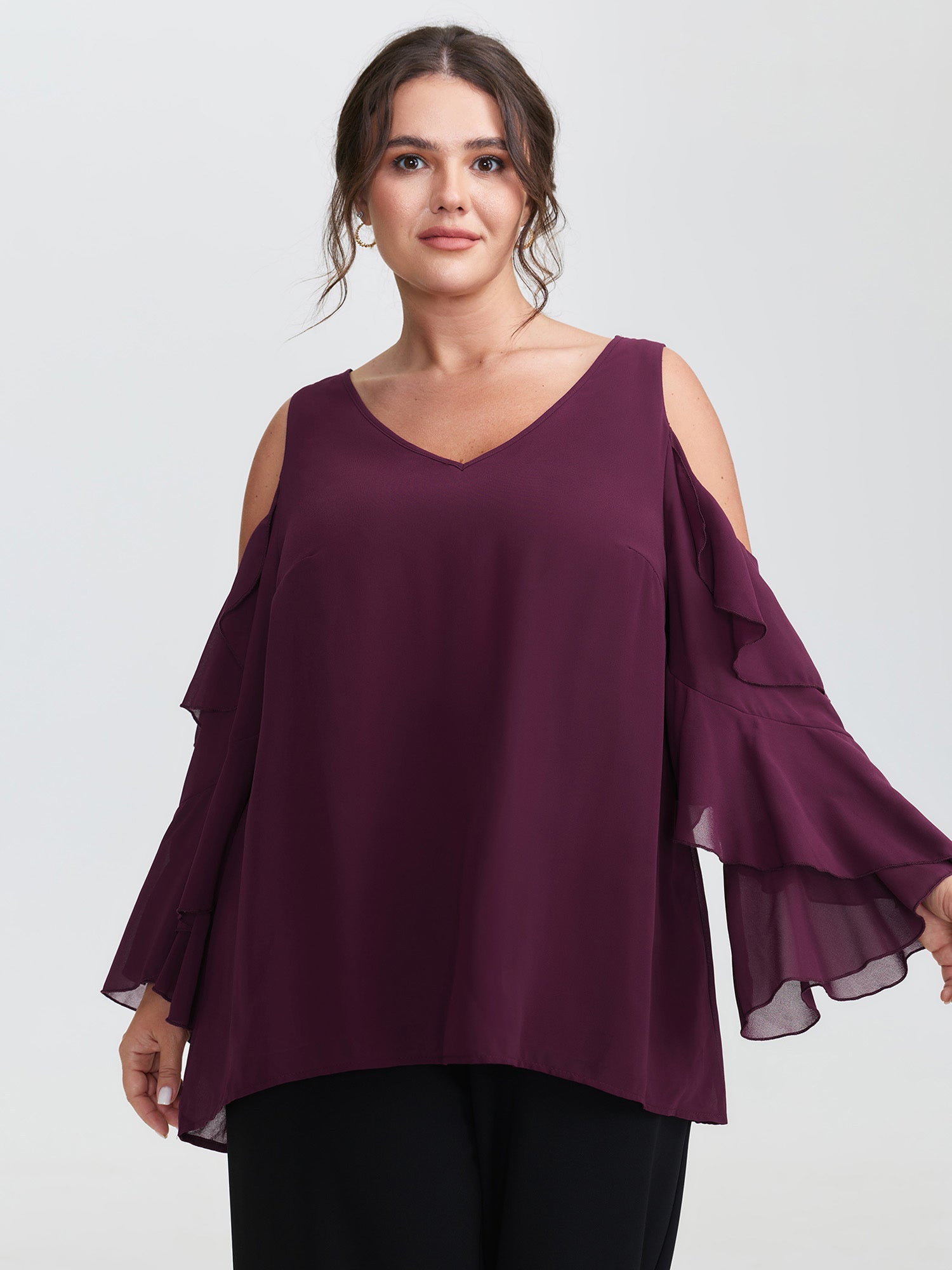 Ruffled Cut-Out Shoulder Flowy Blouse