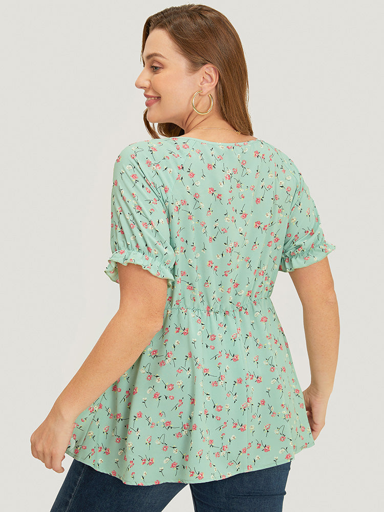 Ditsy Floral Twist Front Puff Sleeve Blouse