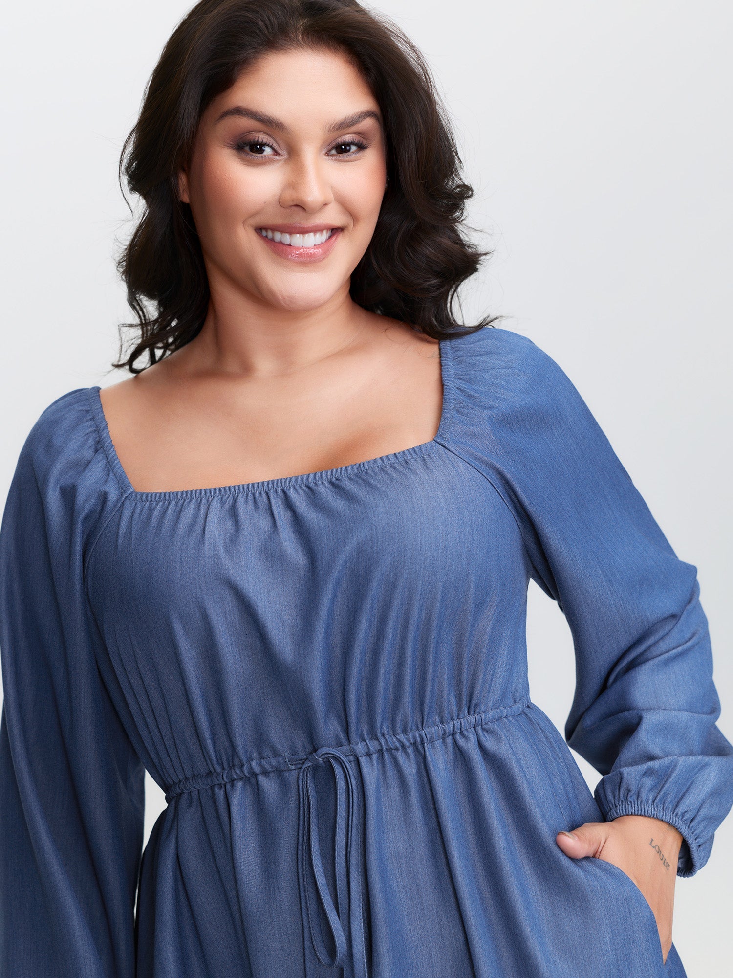 Denim-Like Cinched-Waist Pockets Midi Dress