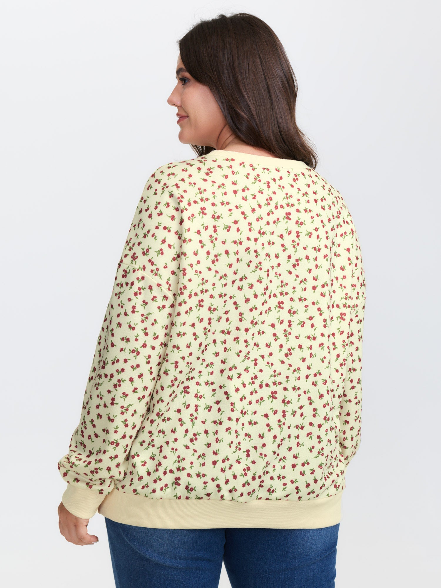 Ditsy Floral Print Stretchy Hem Sweatshirt
