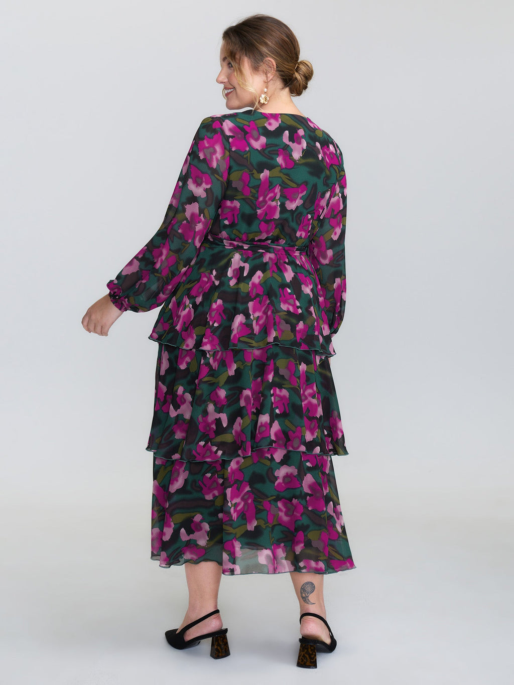 Abstract Floral Print Layered Pockets Midi Dress