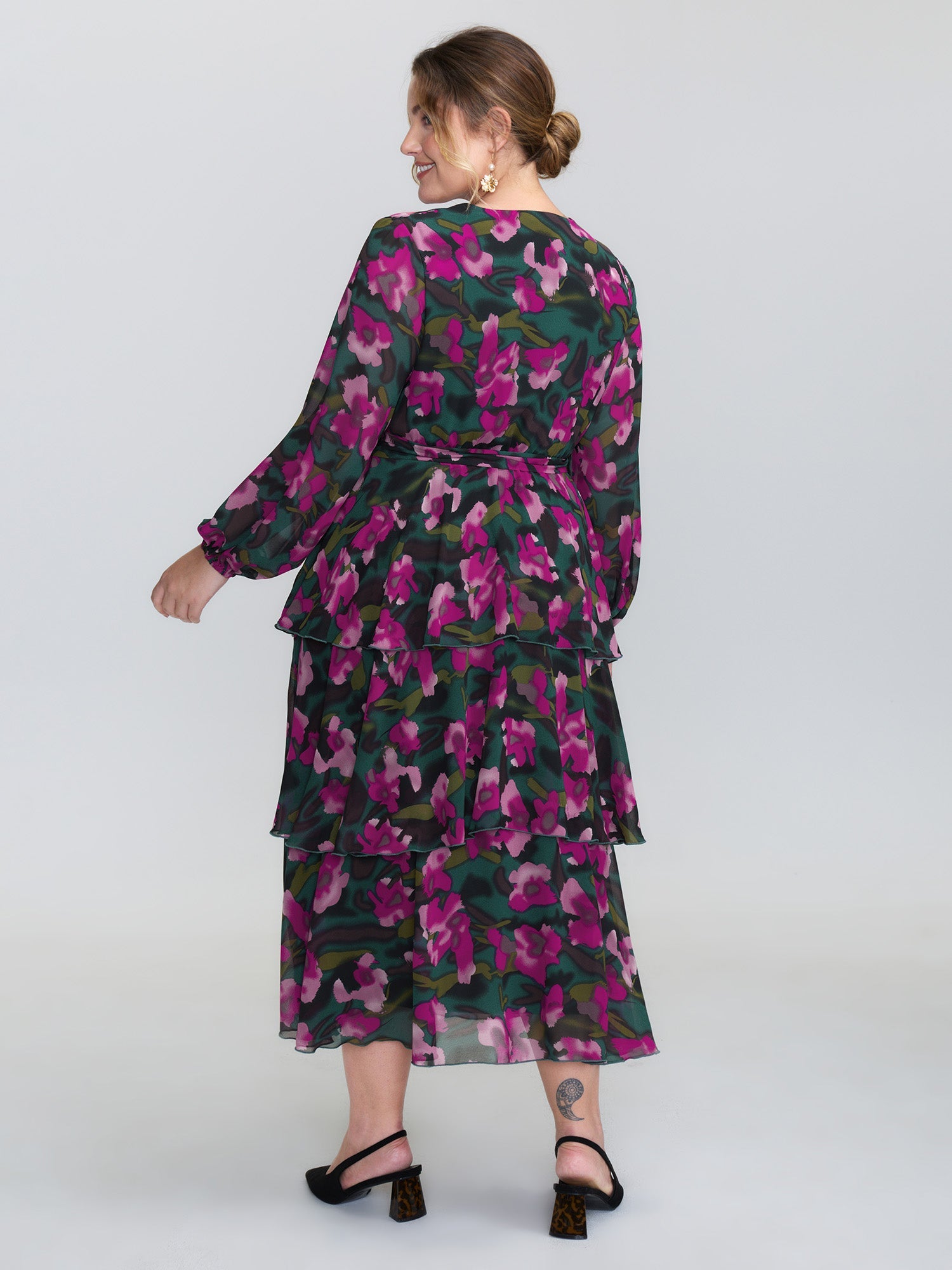 Abstract Floral Print Layered Pockets Midi Dress