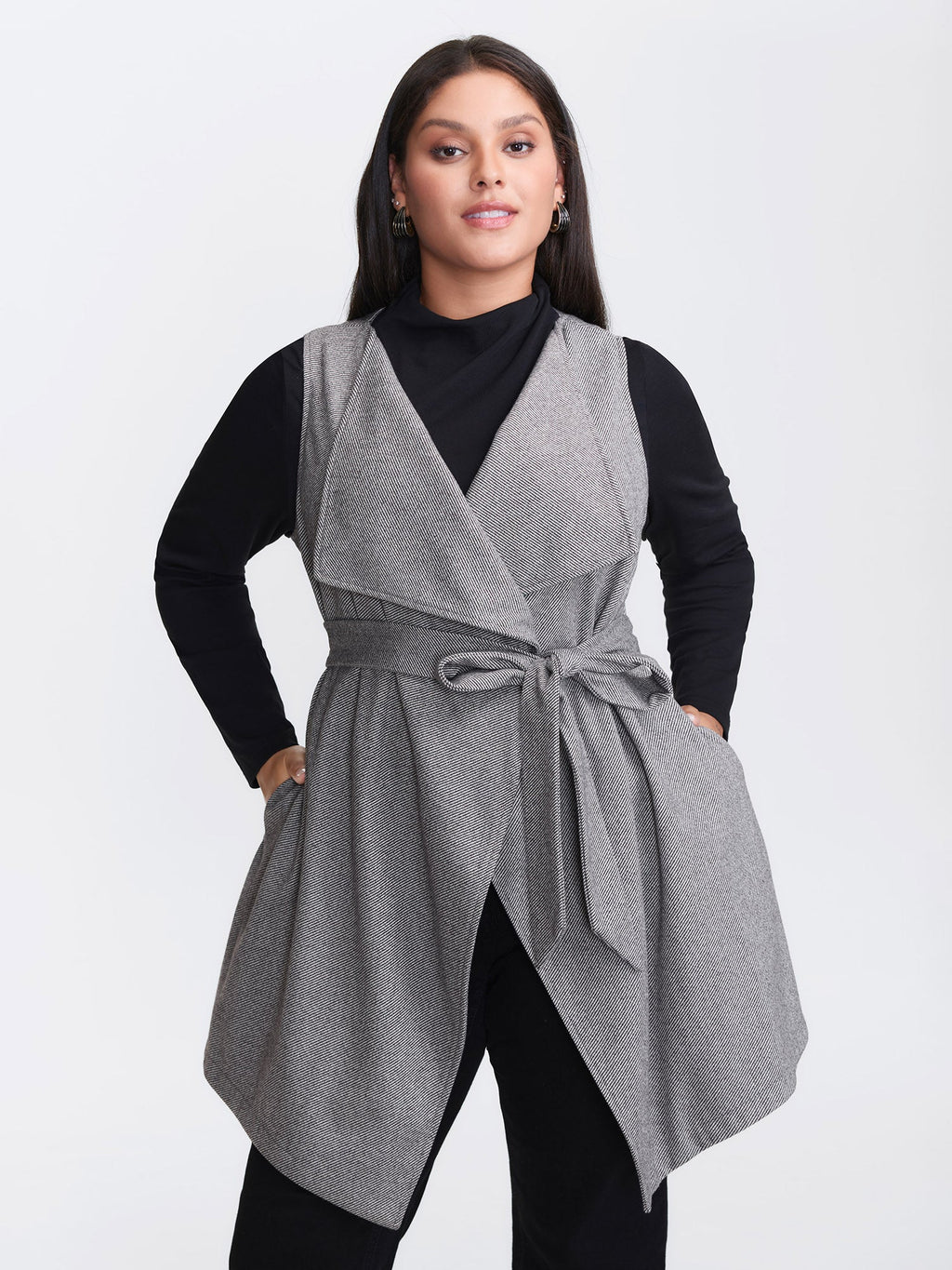Asymmetrical Placket Belted Long Vest