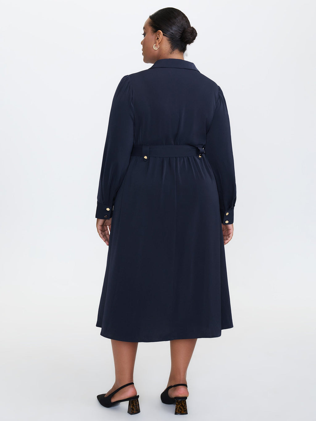 Belted Waist Solid Midi Shirt Dress