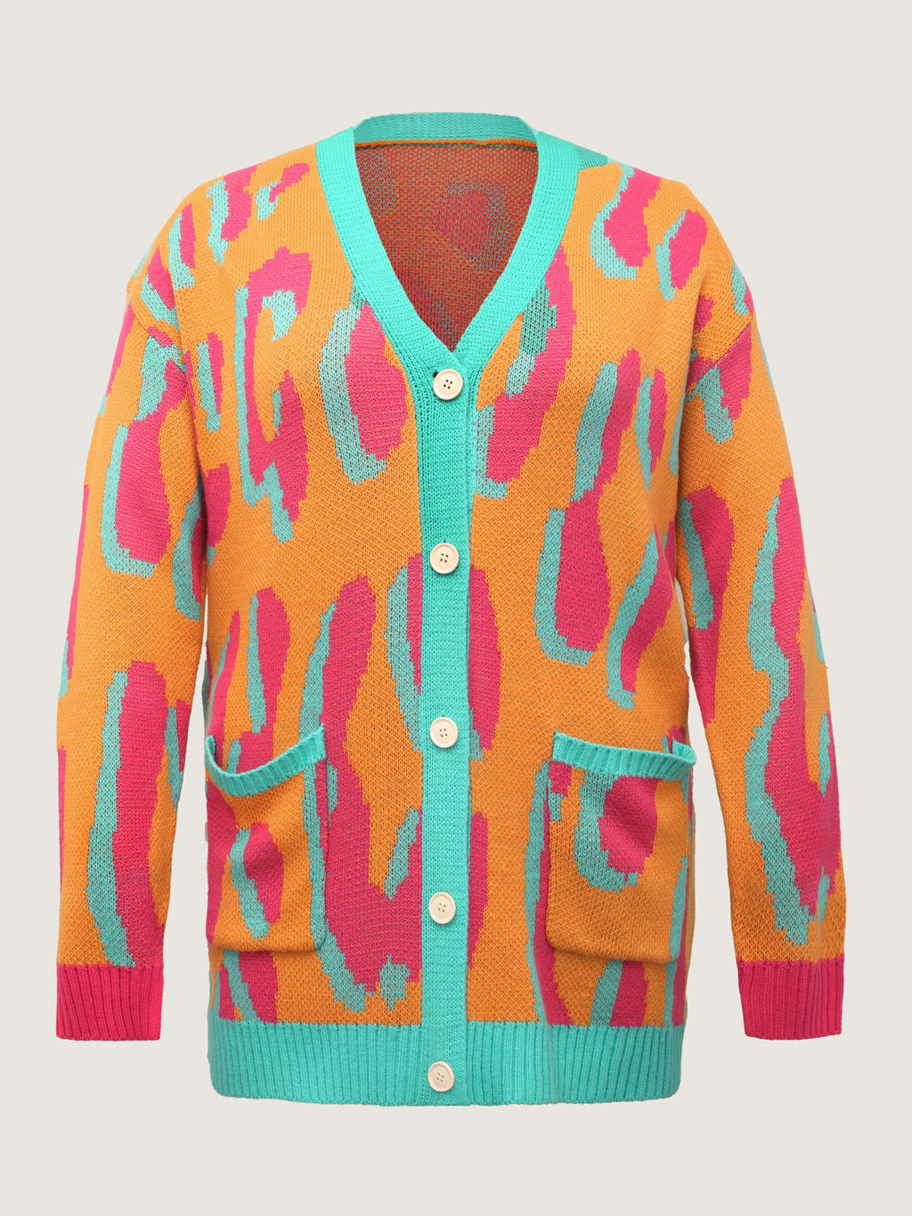 Colorful Leopard Button Pockets Knit Cardigan