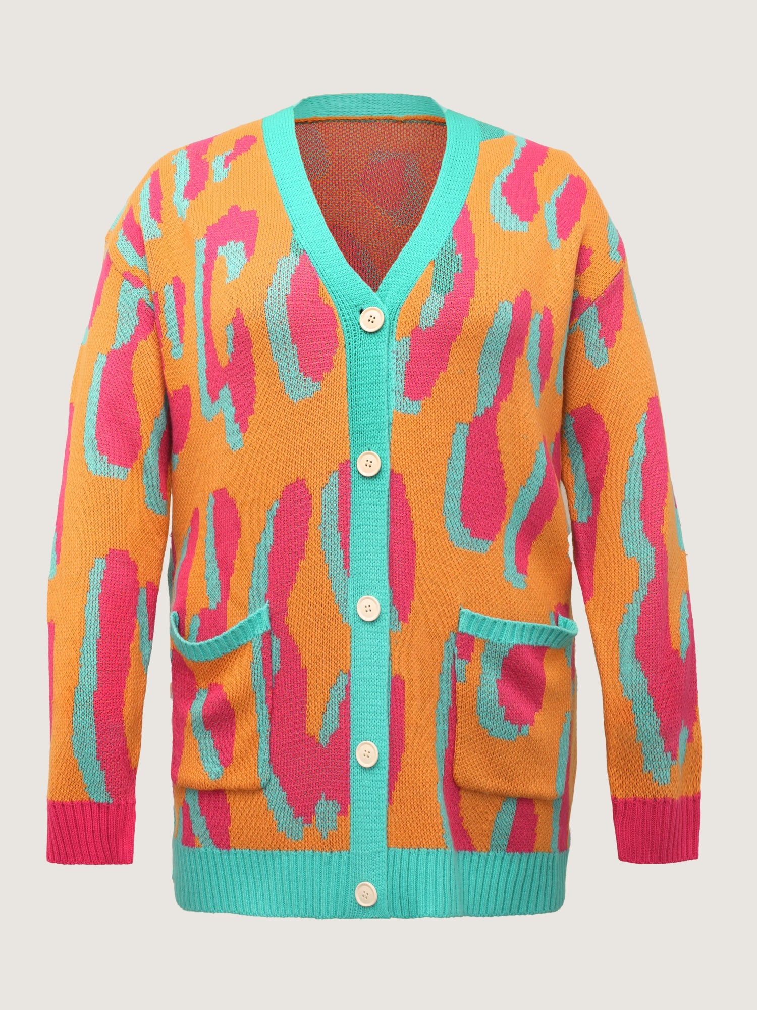 Colorful Leopard Button Pockets Knit Cardigan