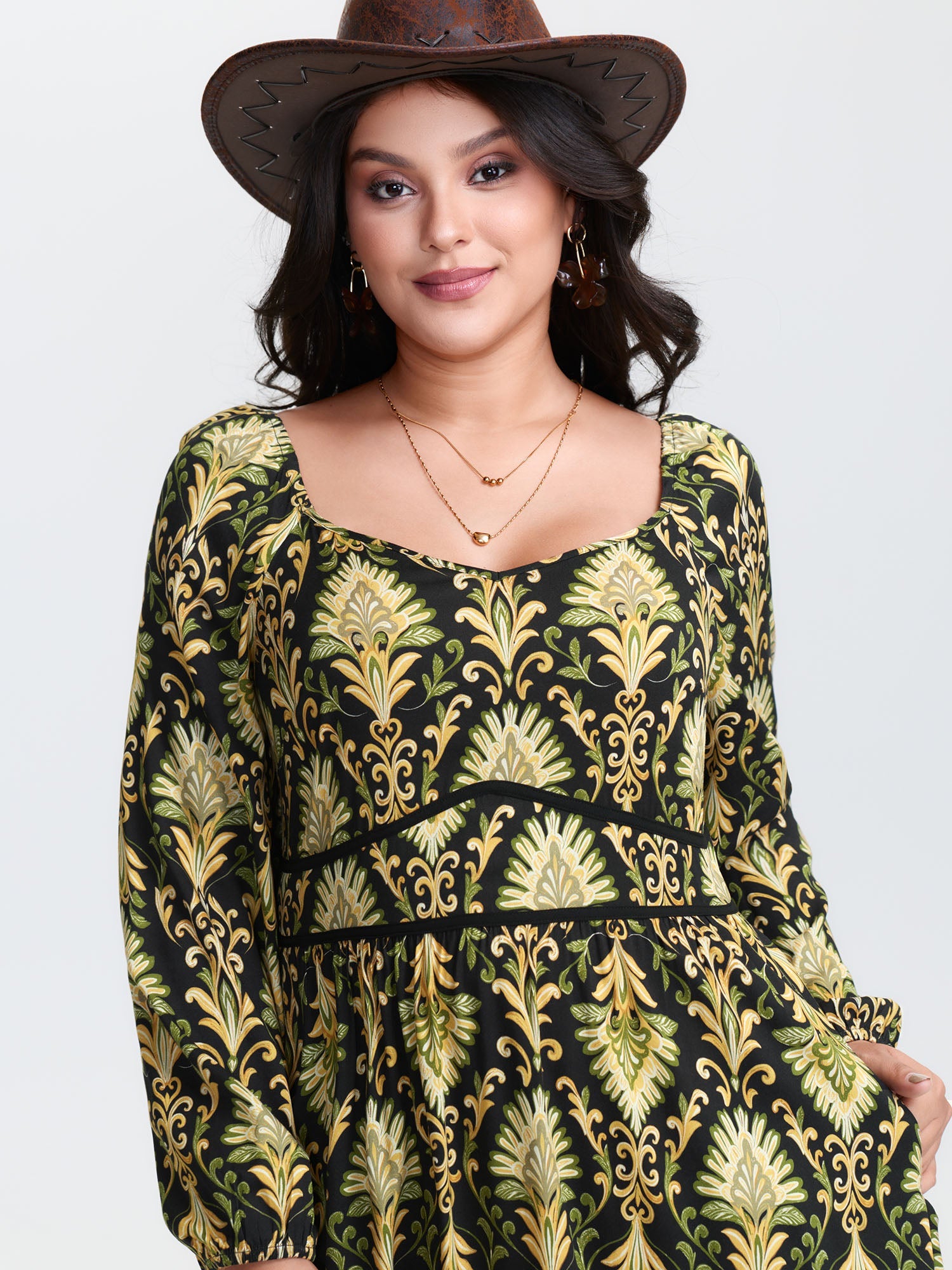 Boho Print Triangular Waist Shirred Maxi Dress