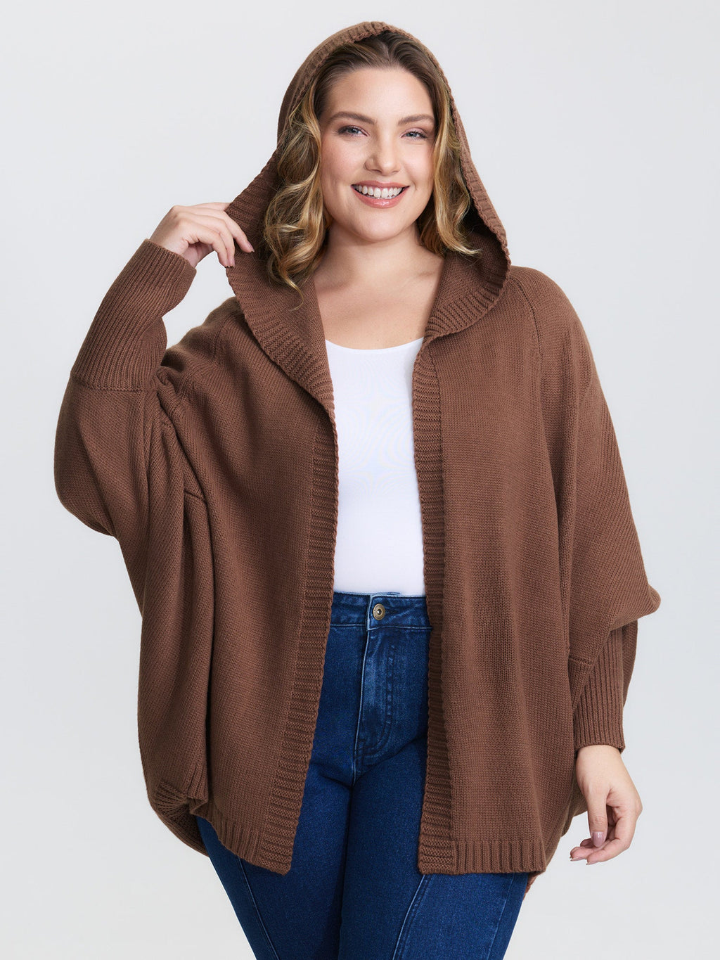 Coccoon Shaped Hooded Front-Open Knit Cardigan