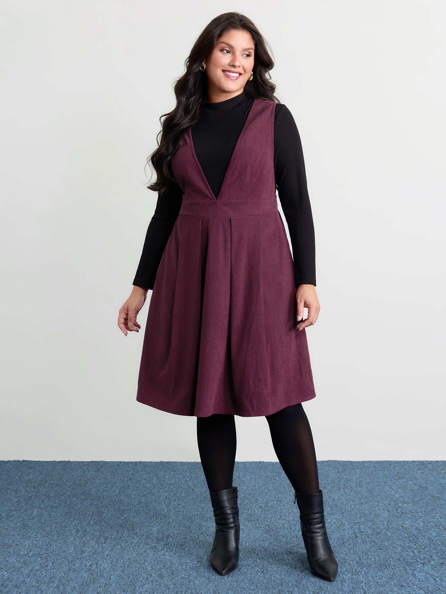 Corduroy Stretchy Waist V-Neck Midi Dress