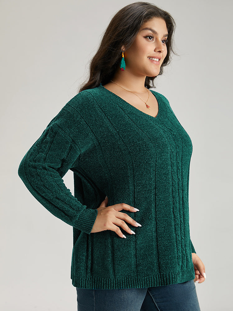 Christmas Plain Cable Knit V Neck Pullover