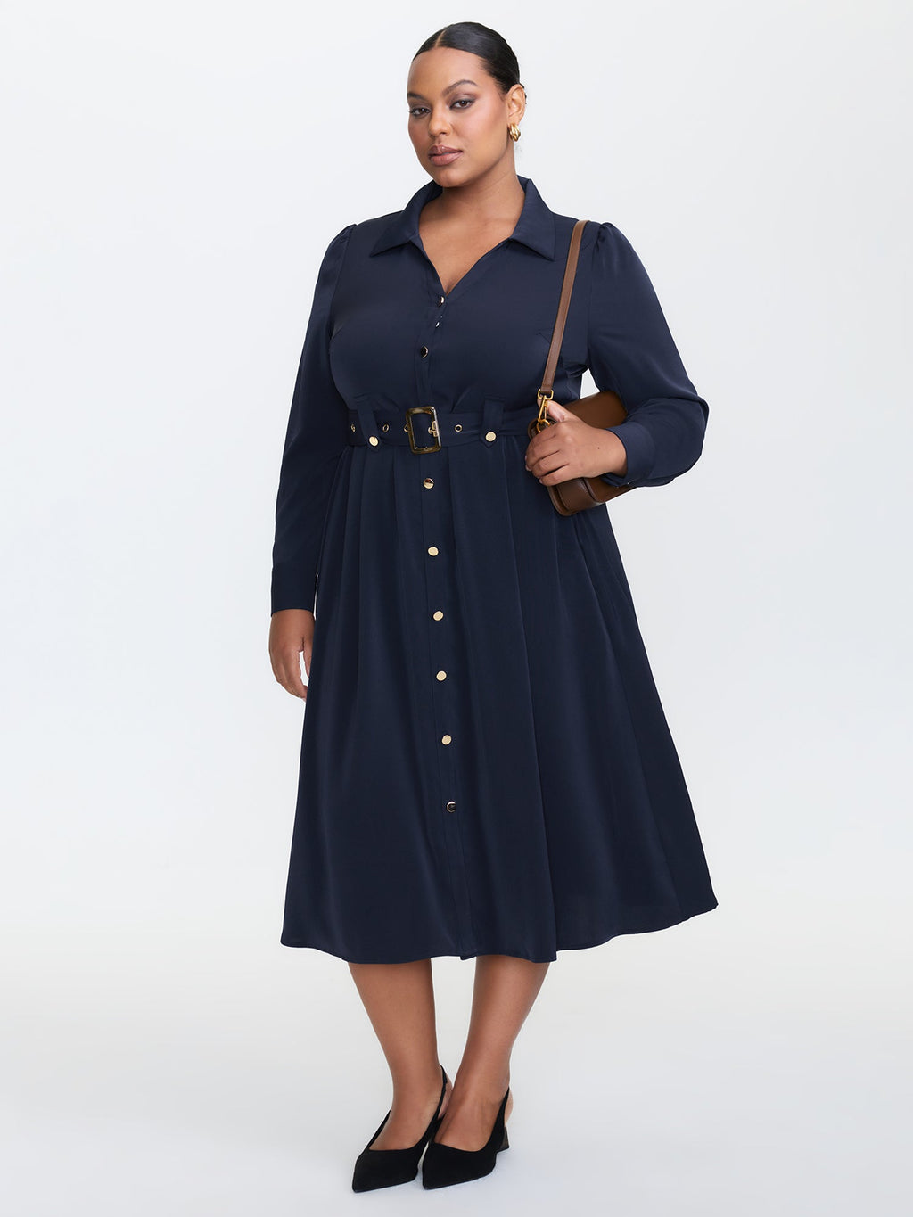 Belted Waist Solid Midi Shirt Dress