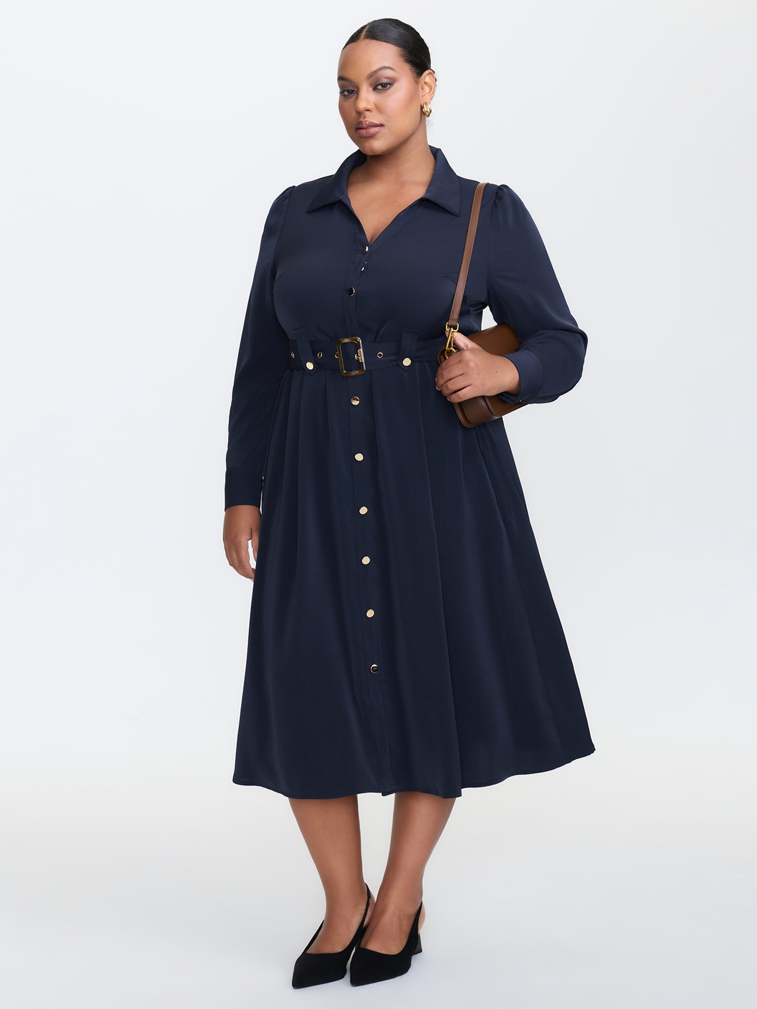 Belted Waist Solid Midi Shirt Dress