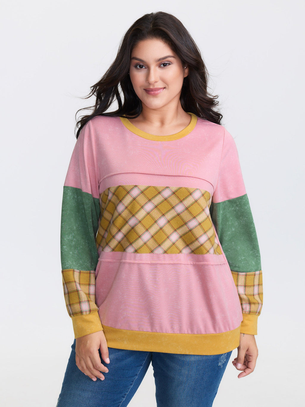 Colorblock Plaid Round Neck Sweatshirt