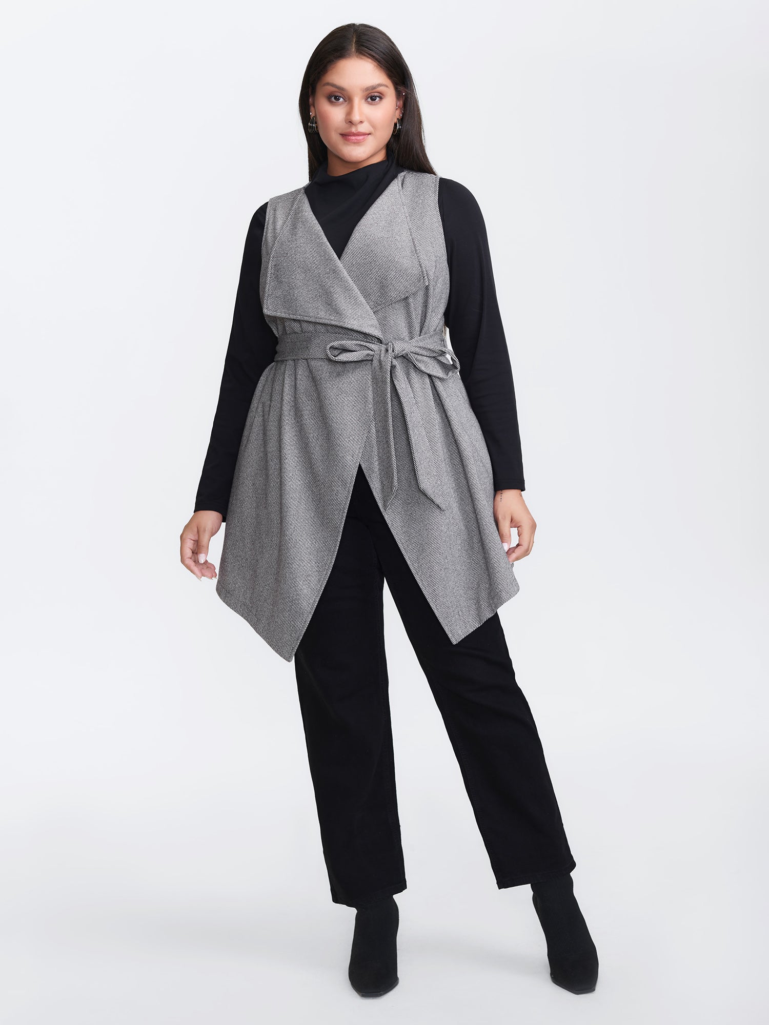 Asymmetrical Placket Belted Long Vest