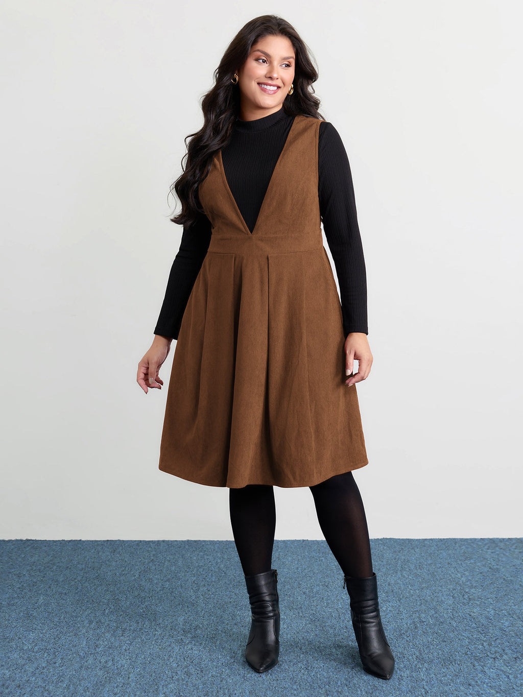 Corduroy Stretchy Waist V-Neck Midi Dress