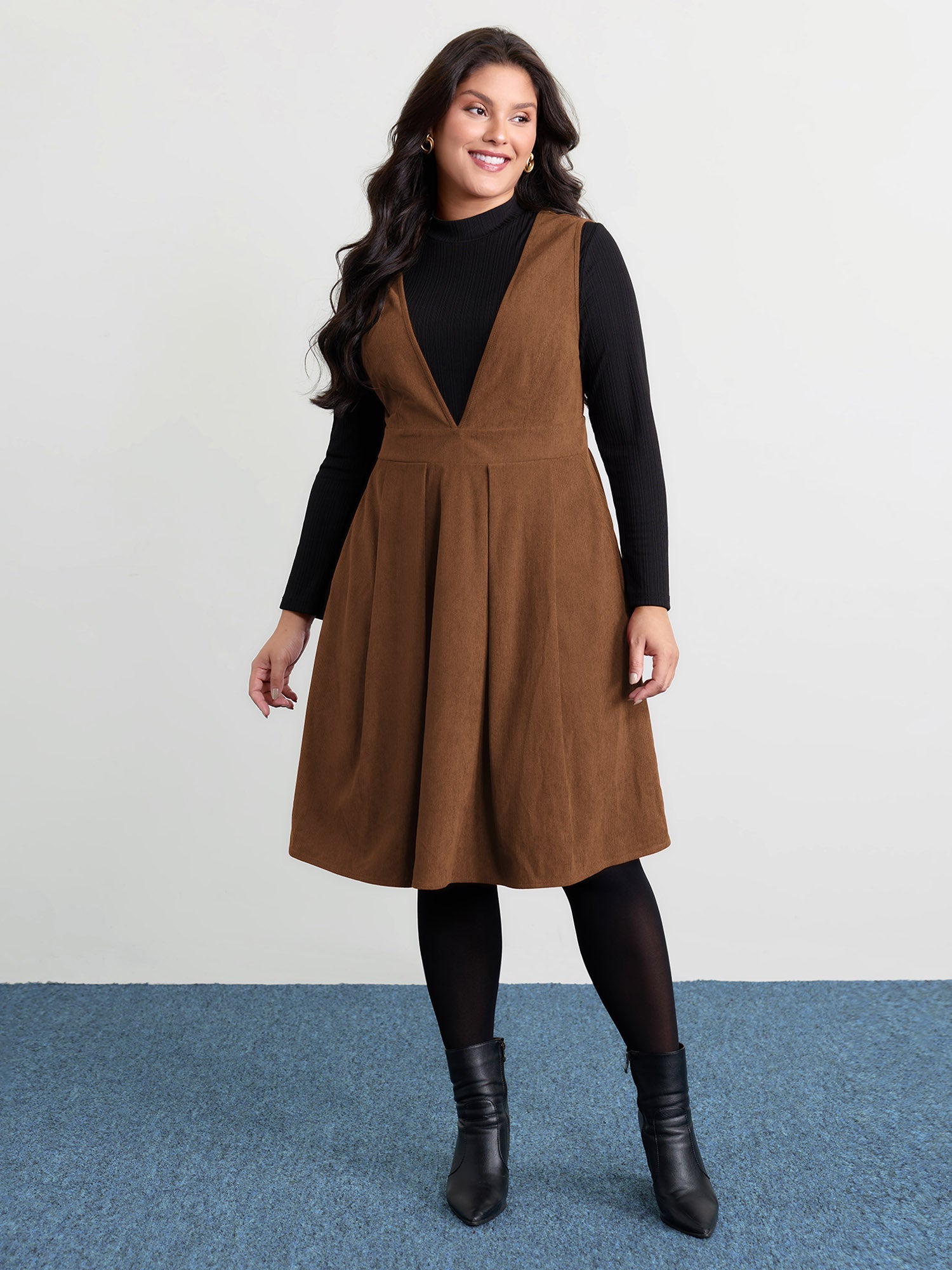 Corduroy Stretchy Waist V-Neck Midi Dress