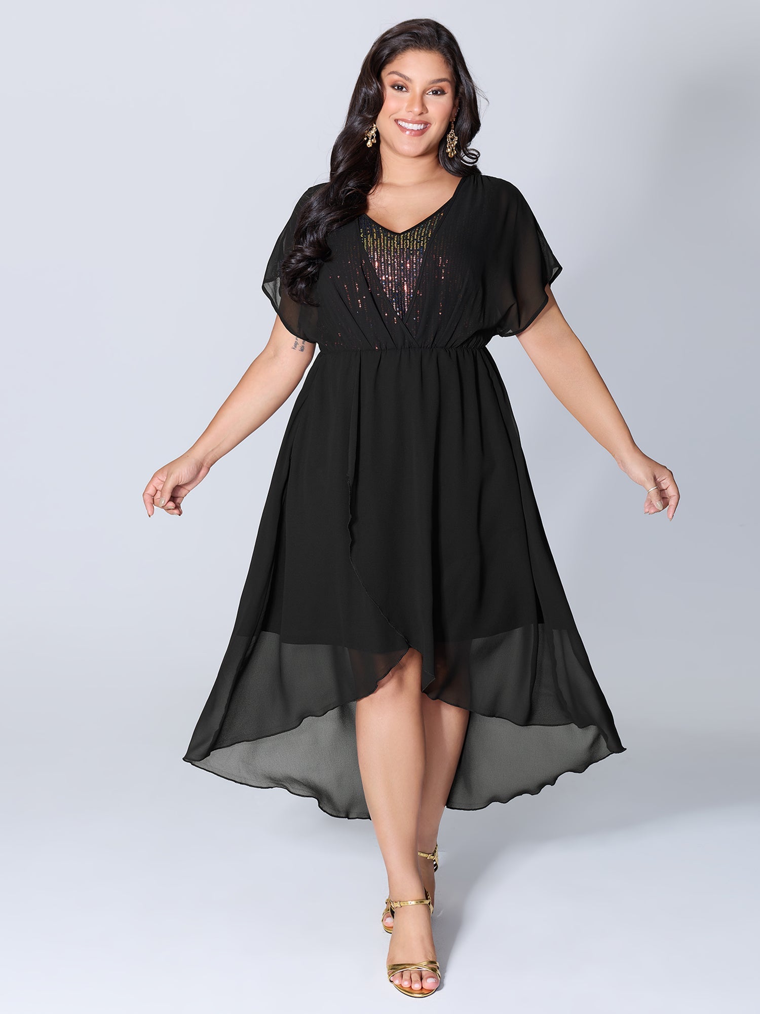 2-in-1 Sheer Sparkly Wrap Midi Dress