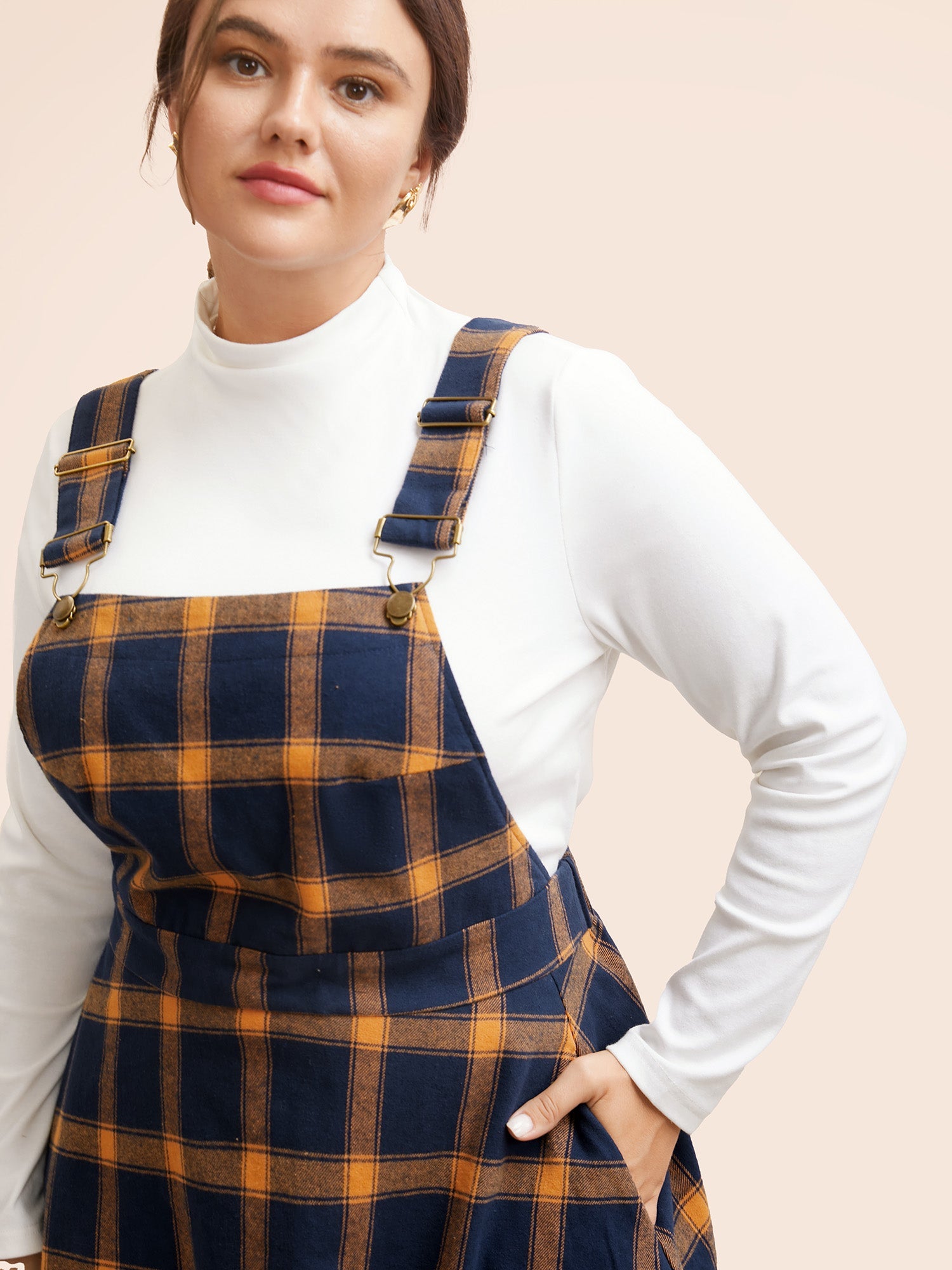 Contrast Plaid Pocket Overall Dress