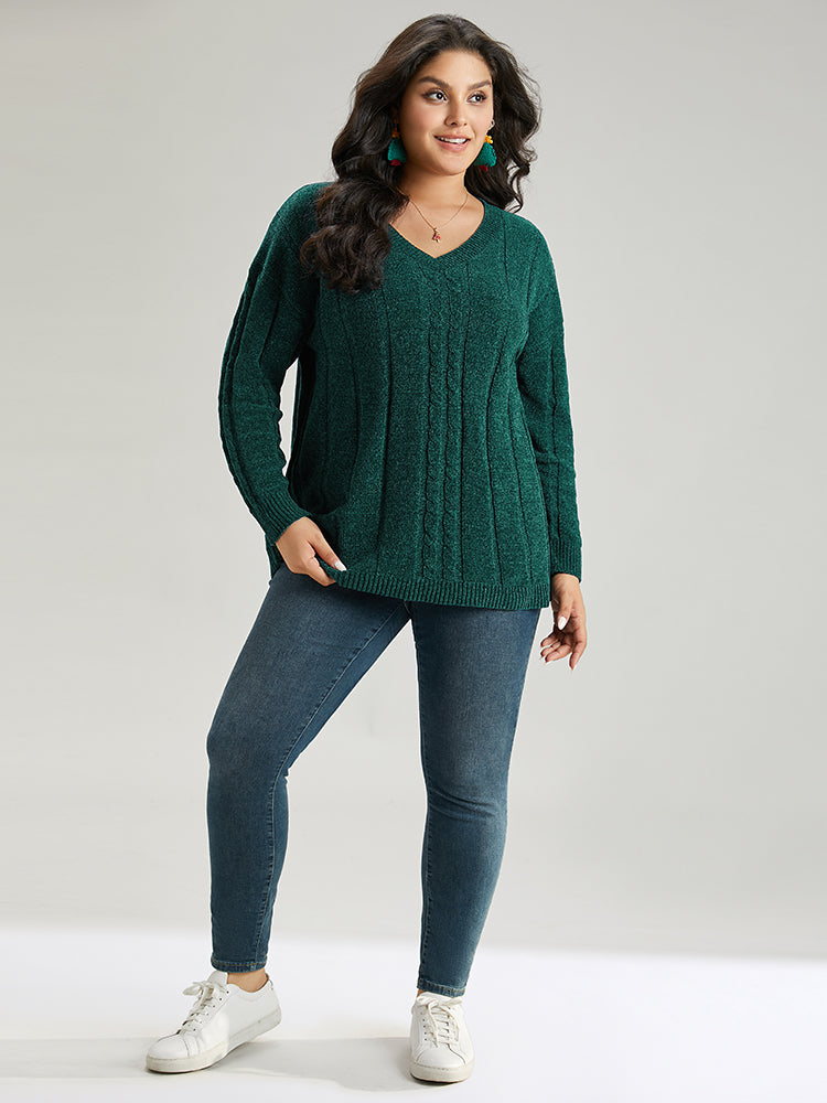Christmas Plain Cable Knit V Neck Pullover