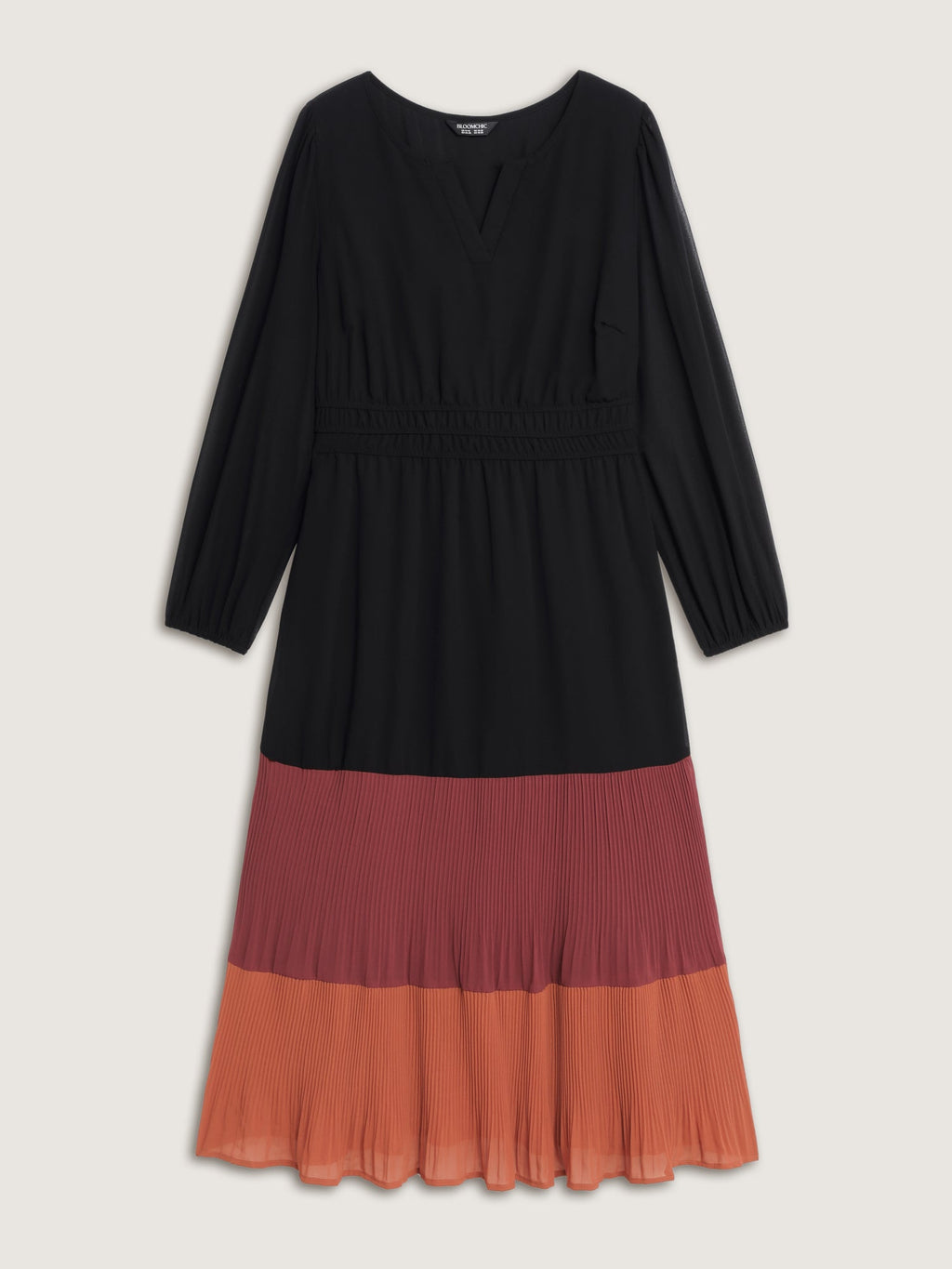 Chiffon Color Contrast Pleated Pockets Maxi Dress