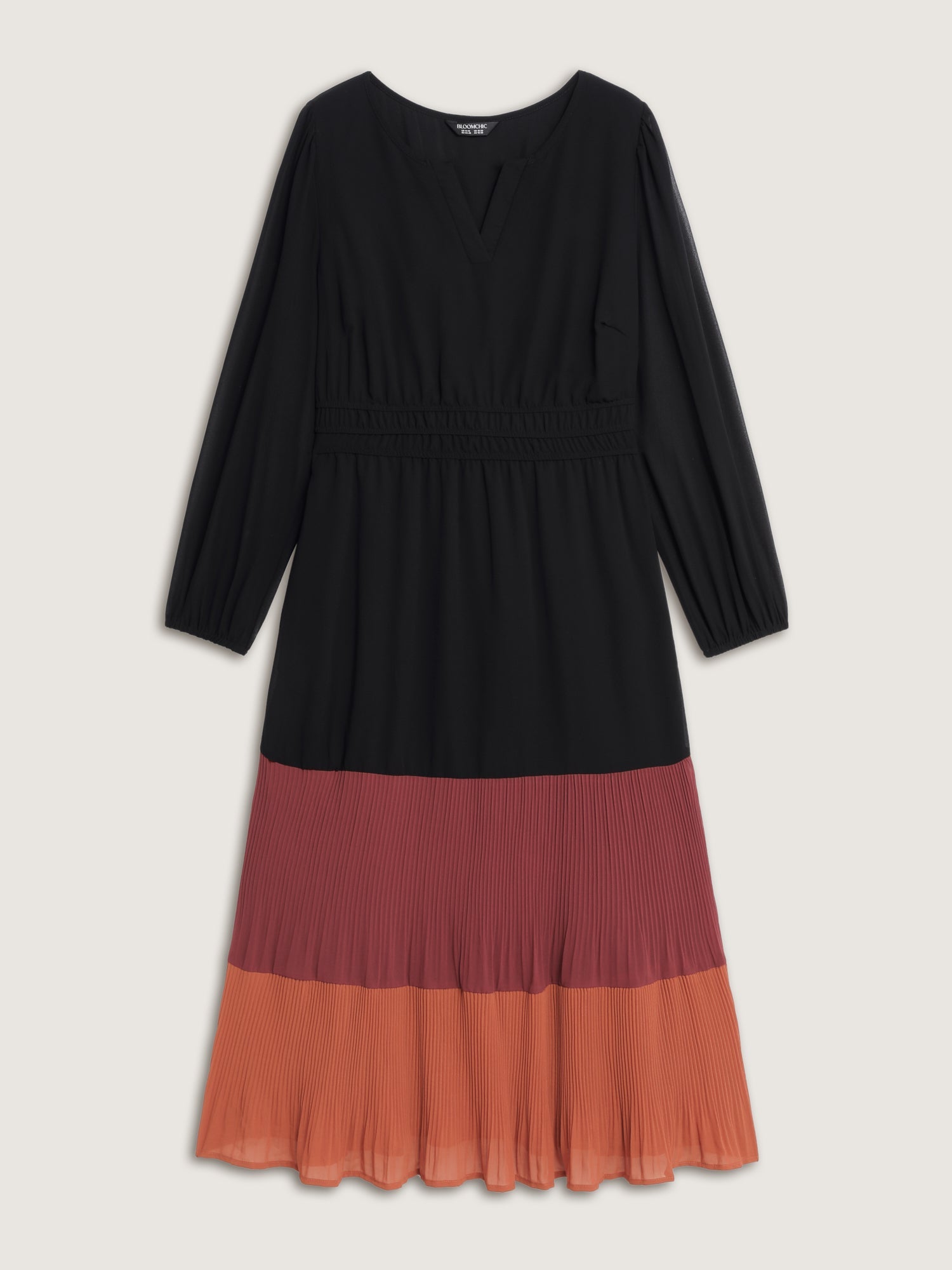 Chiffon Color Contrast Pleated Pockets Maxi Dress