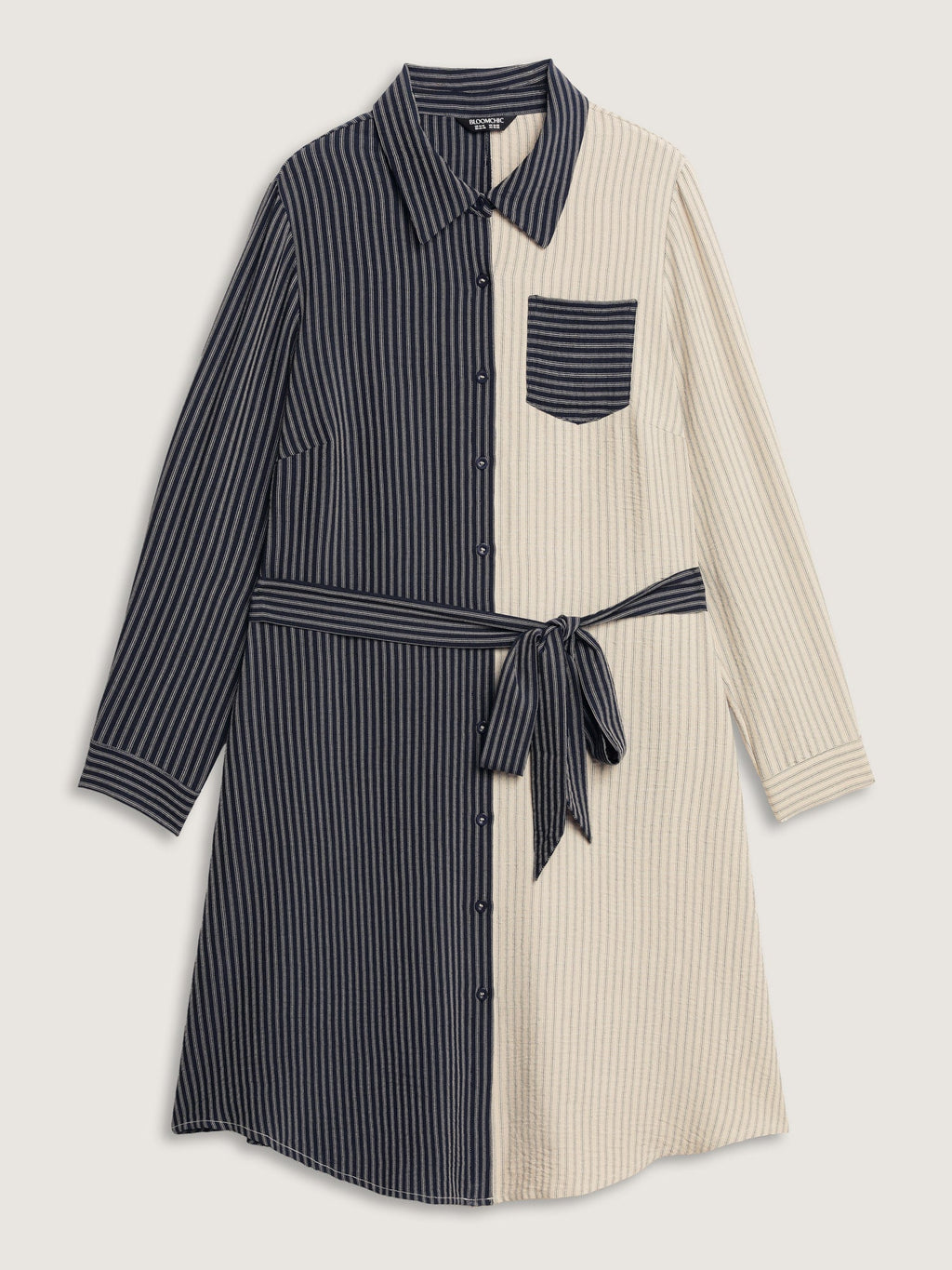 Colorblock Belted Waist Midi Shirt Dress