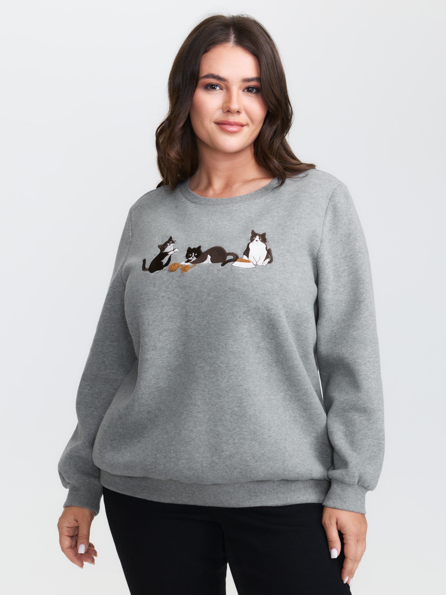 Cat Towel Embroidery Fleece Lined Sweatshirt