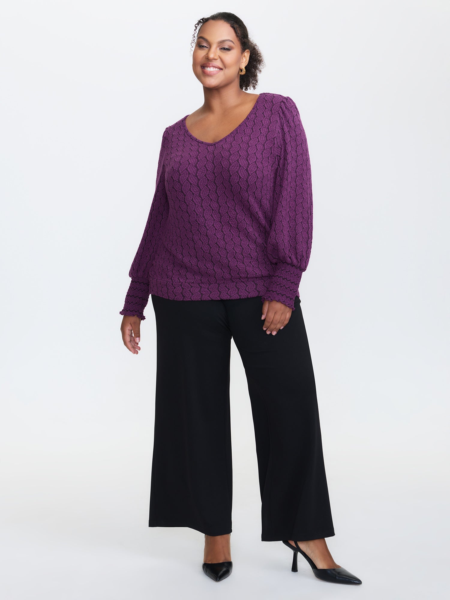Cableknit Lantern Sleeve V-Neck Knit Top