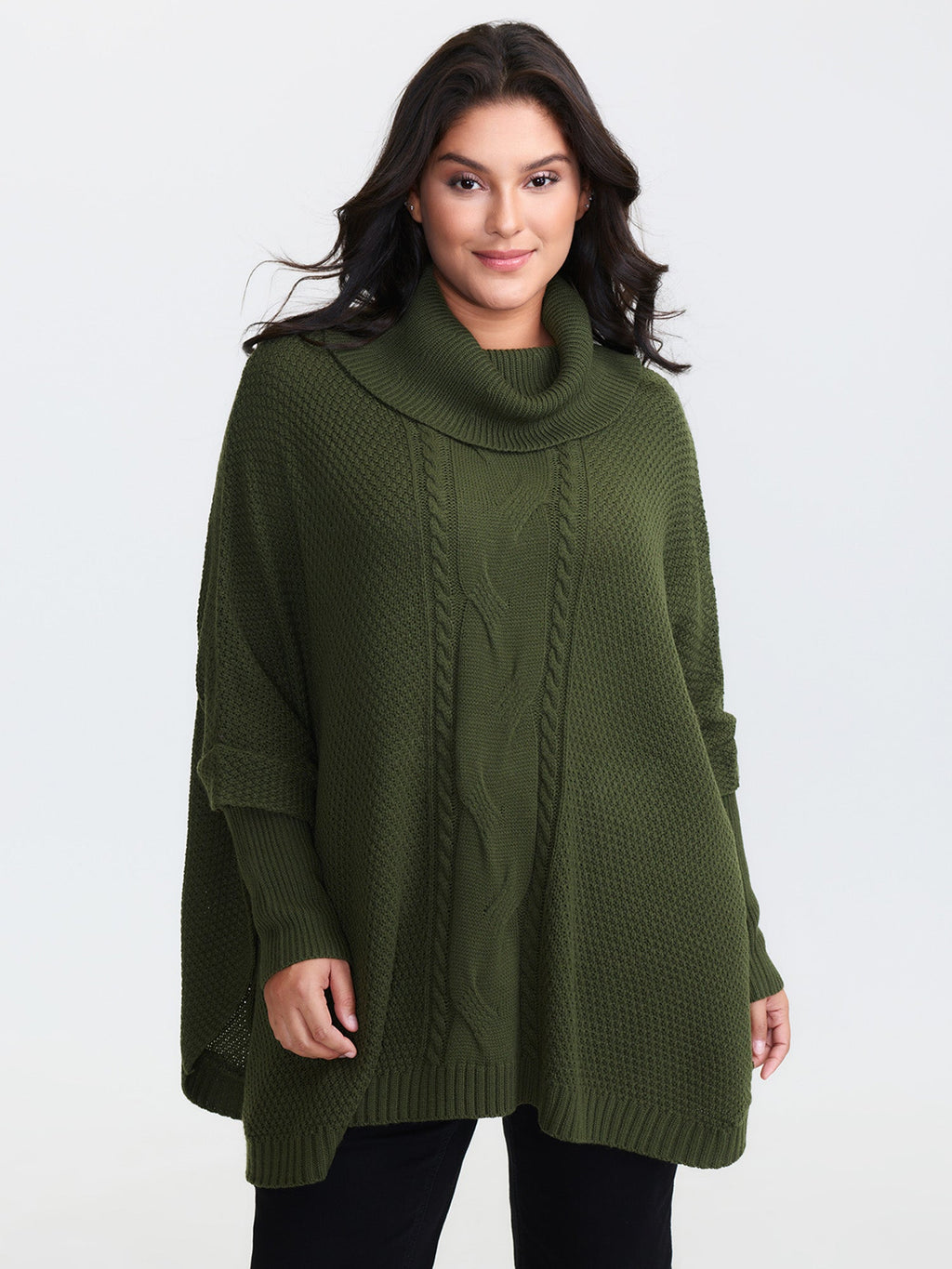 Cableknit Turtleneck Flowy Hem Pullover