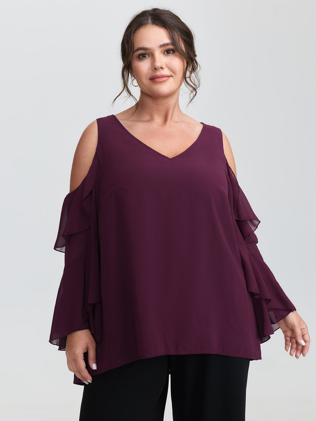 Ruffled Cut-Out Shoulder Flowy Blouse