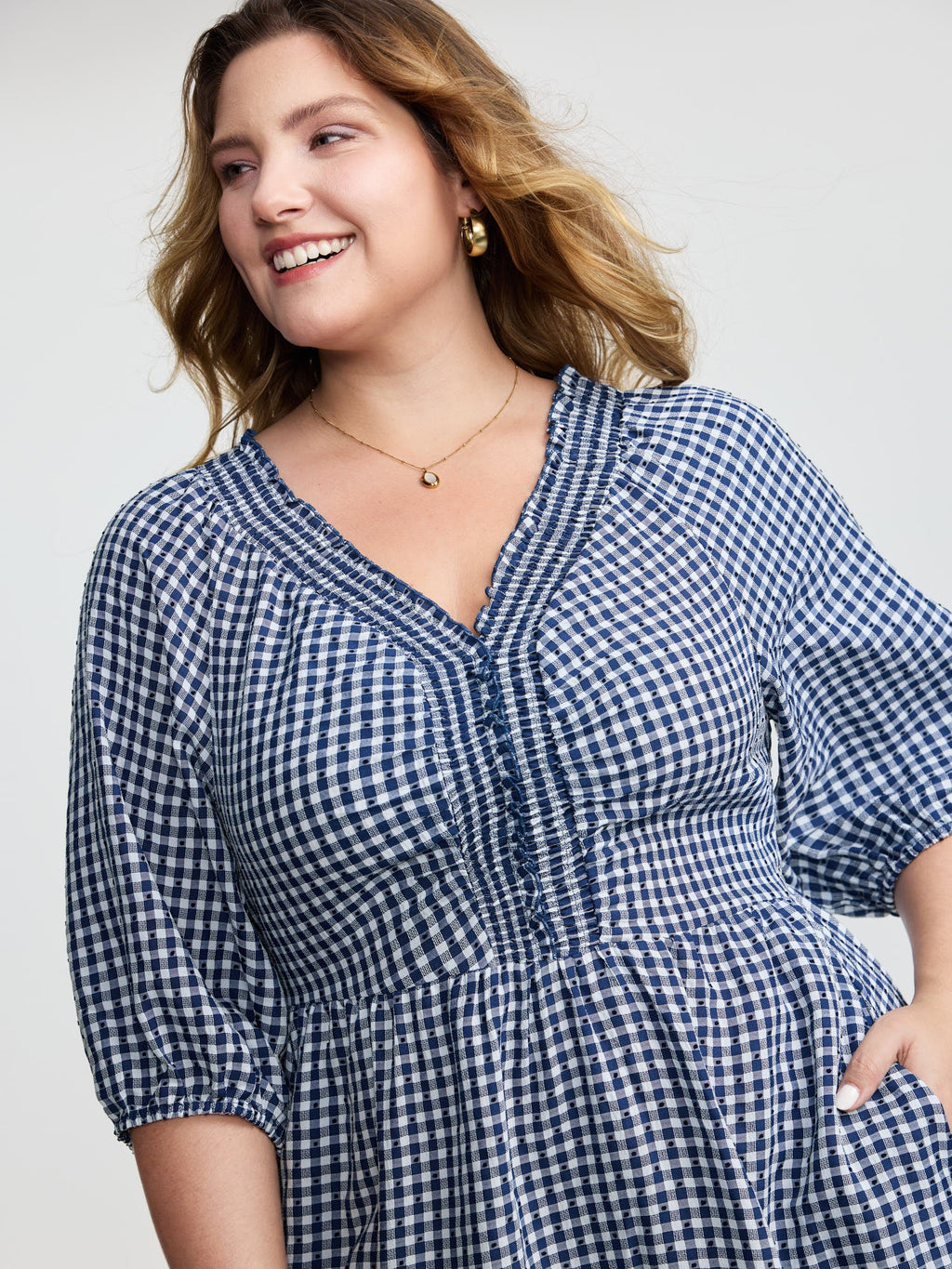 Checkered Shirred Pockets Tiered Maxi Dress