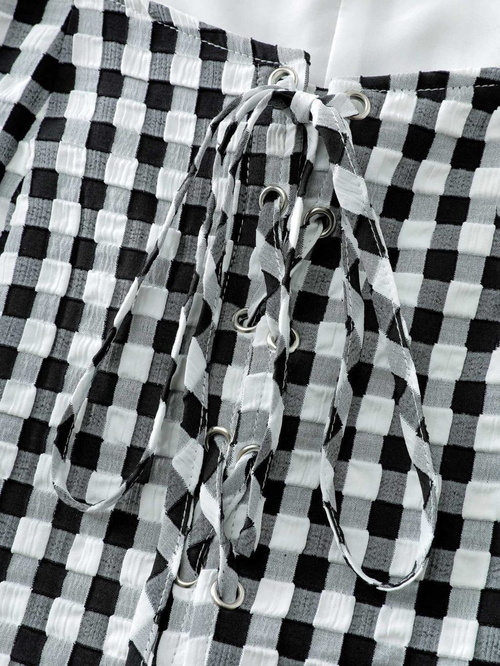 Checkered Crossover Tie Square Neck Blouse