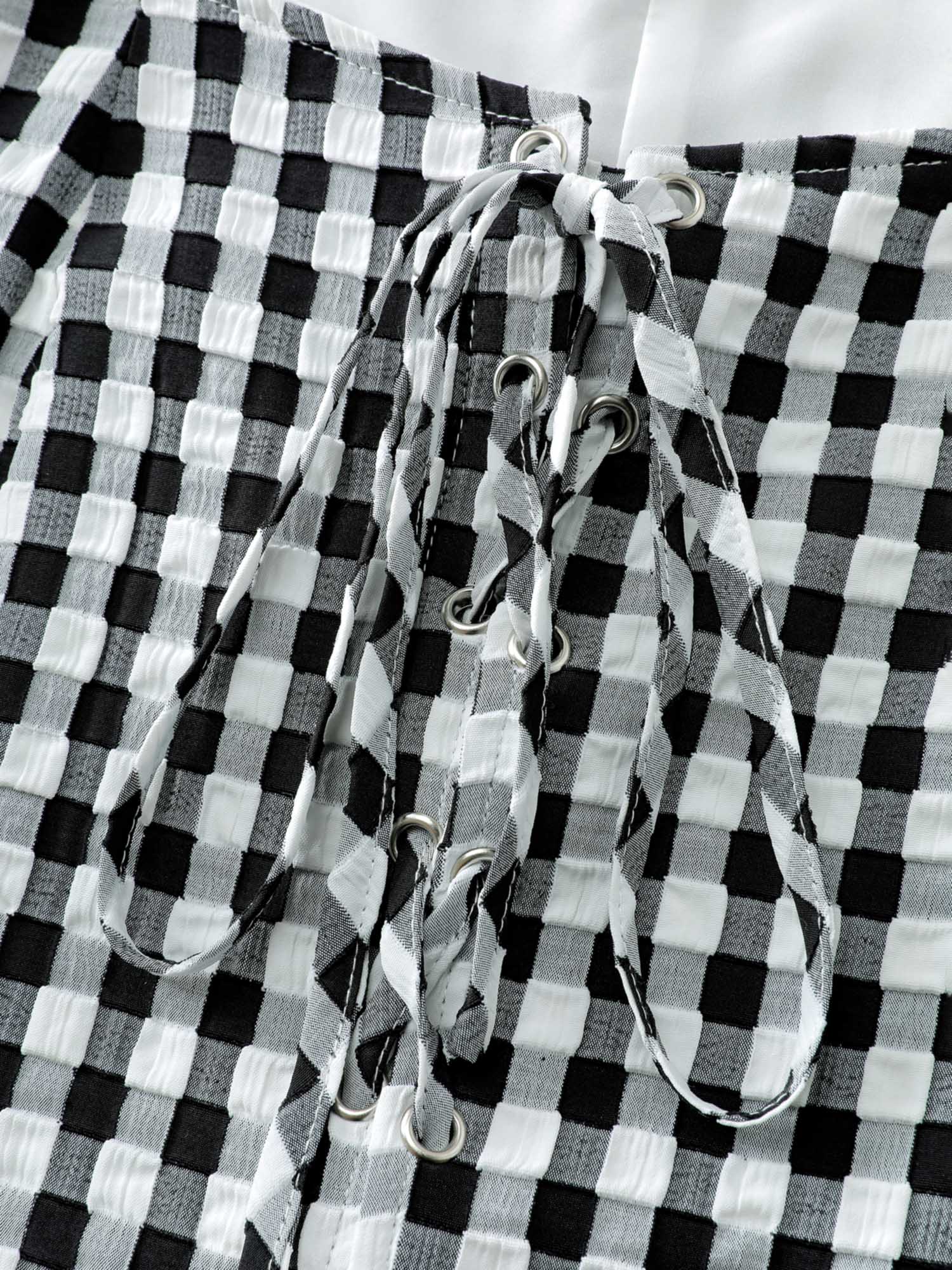 Checkered Crossover Tie Square Neck Blouse