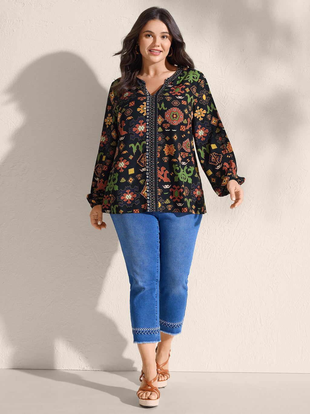 Boho Geometric Pattern Split Neck Blouse