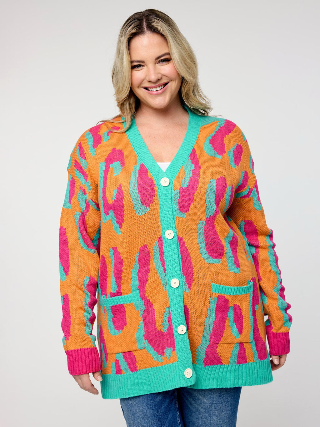 Colorful Leopard Button Pockets Knit Cardigan