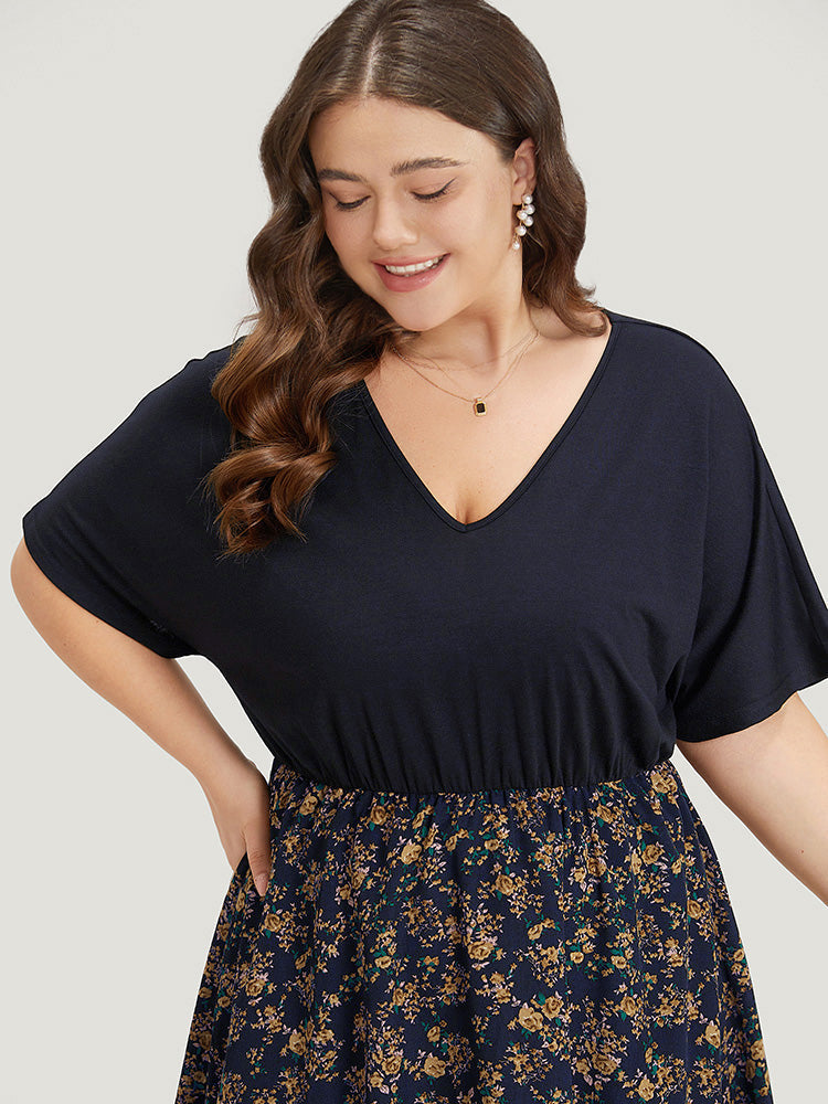 Ditsy Floral Patchwork Pocket Batwing Sleeve Dress