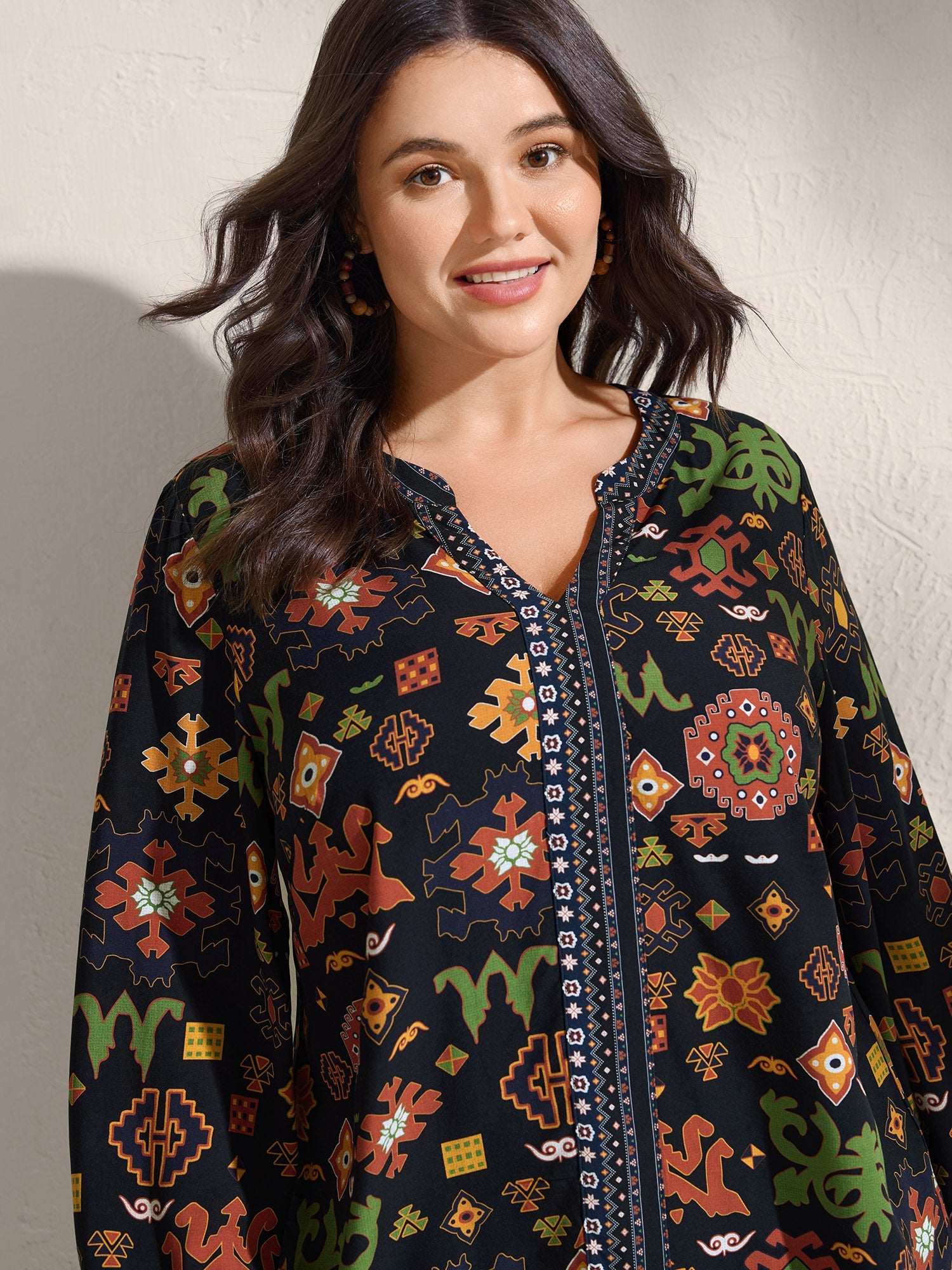 Boho Geometric Pattern Split Neck Blouse