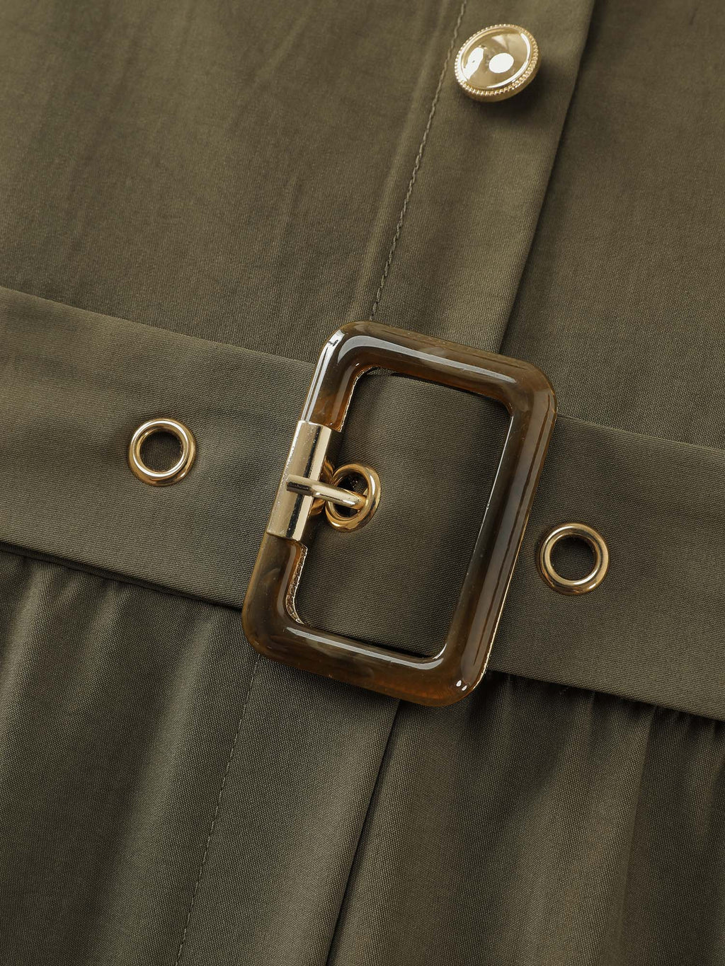 Belted Waist Buttons Pockets Midi Dress