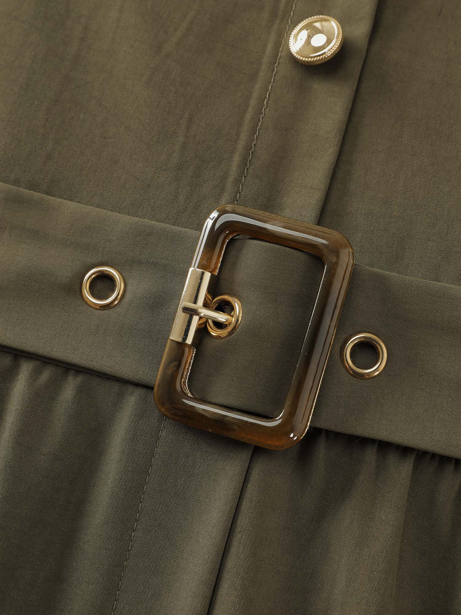 Belted Waist Buttons Pockets Midi Dress