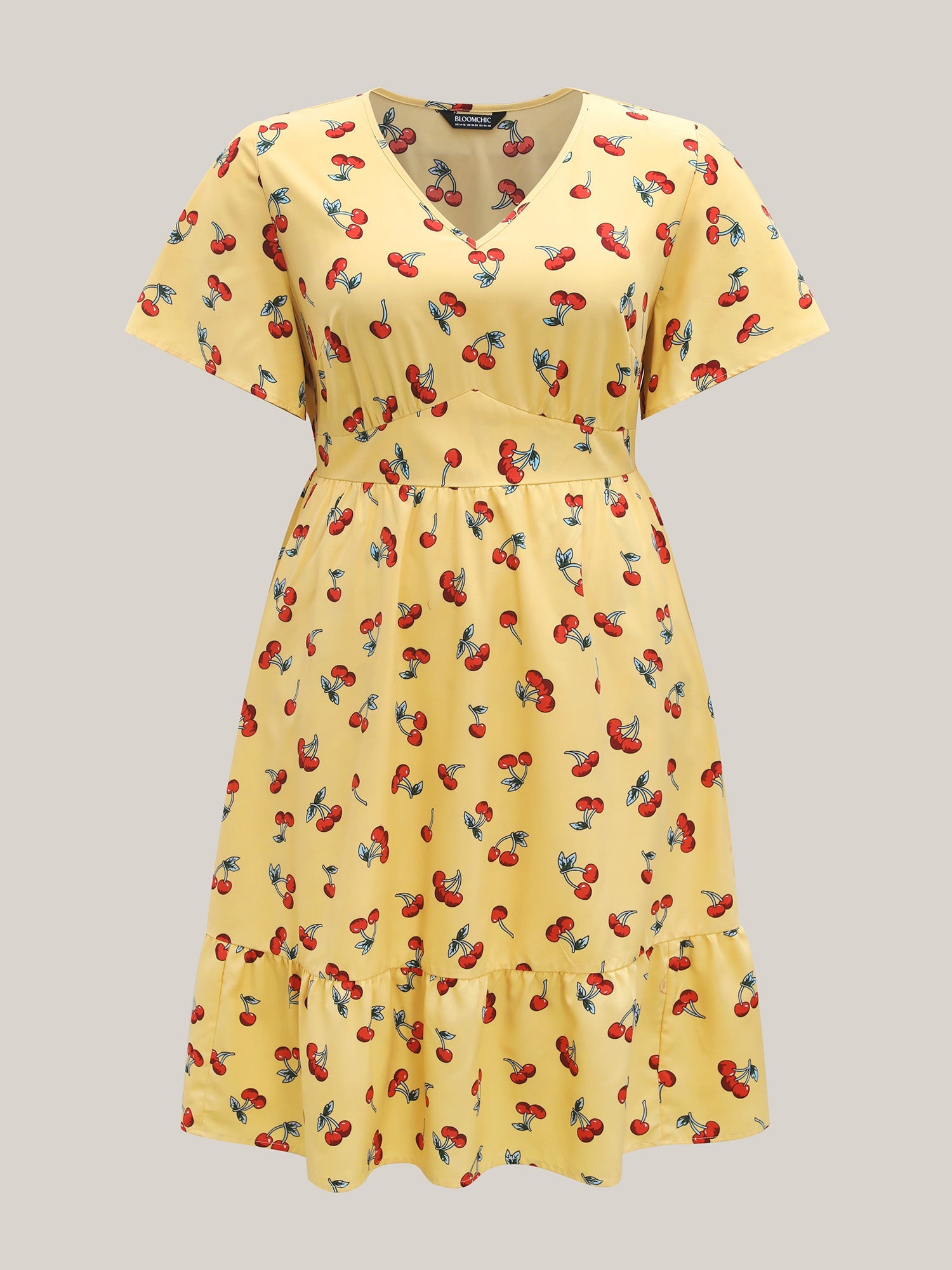 Cherry Print Stretchy Cinched-Waist Midi Dress