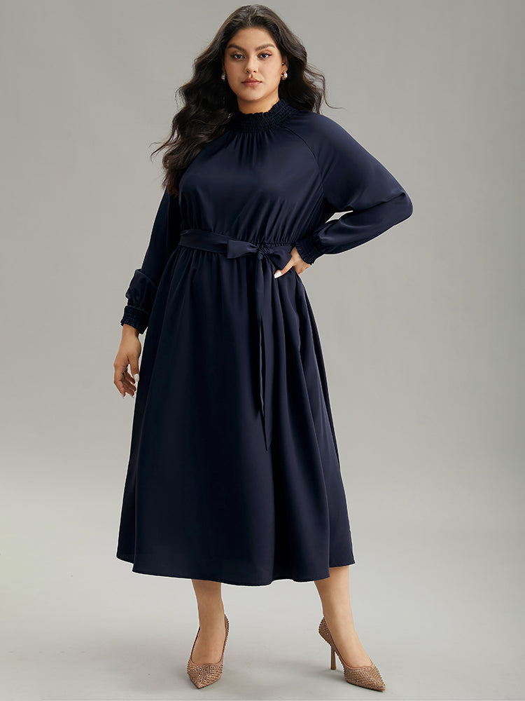 Anti-Wrinkle Plain Shirred Mock Neck Belted Dress