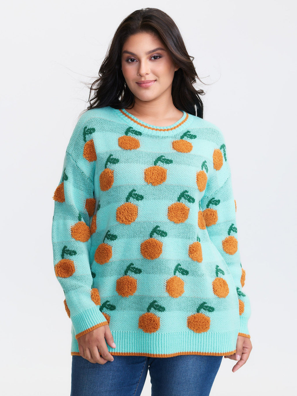 Citrus Pattern Contrast Edge Ribbed Pullover