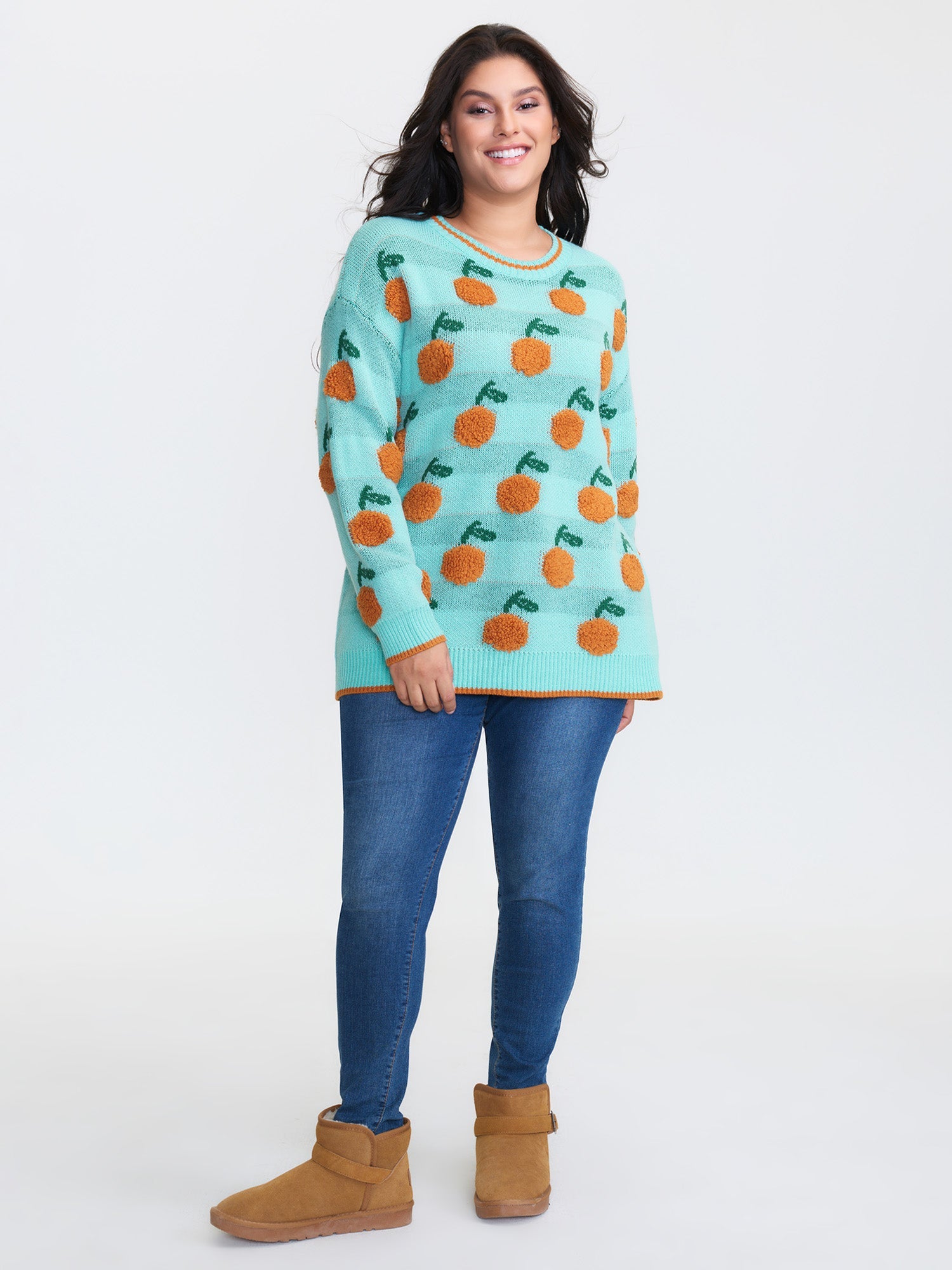 Citrus Pattern Contrast Edge Ribbed Pullover