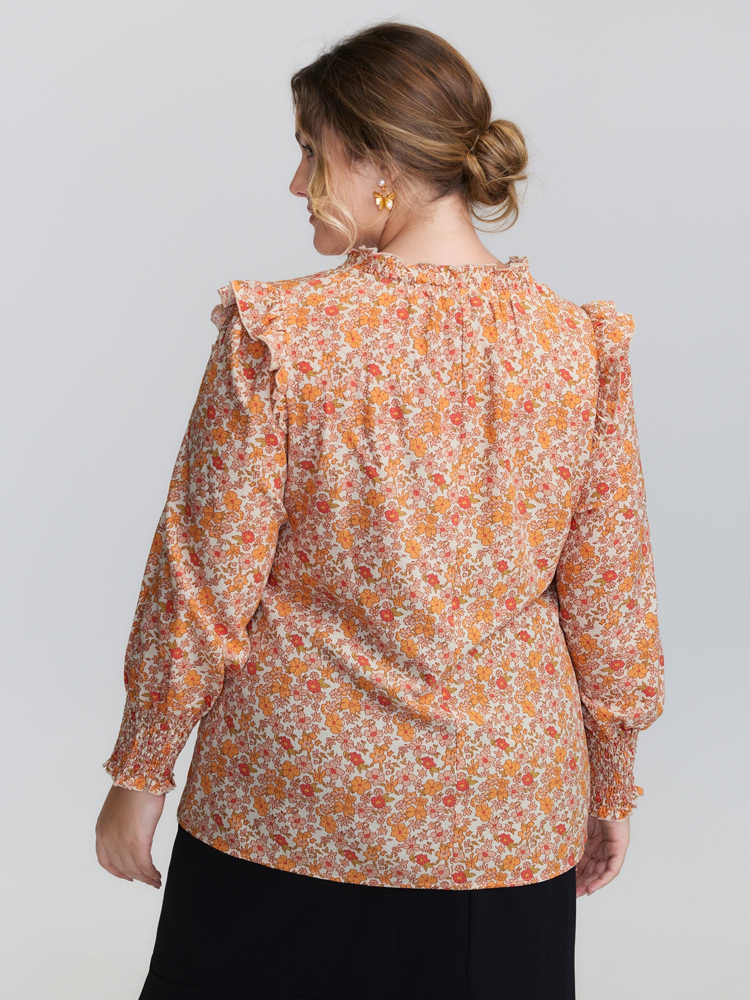 Chiffon Floral Print Ruffled Shoulder Blouse