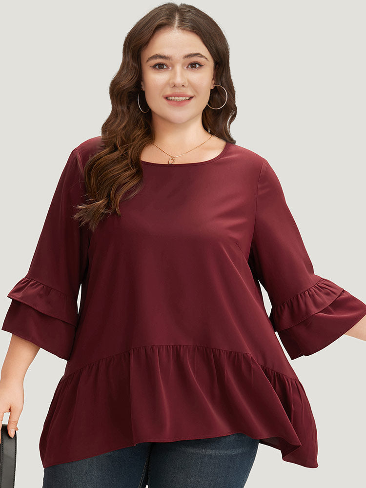 Anti-Wrinkle Plain Ruffle Layered Sleeve Crew Neck Blouse
