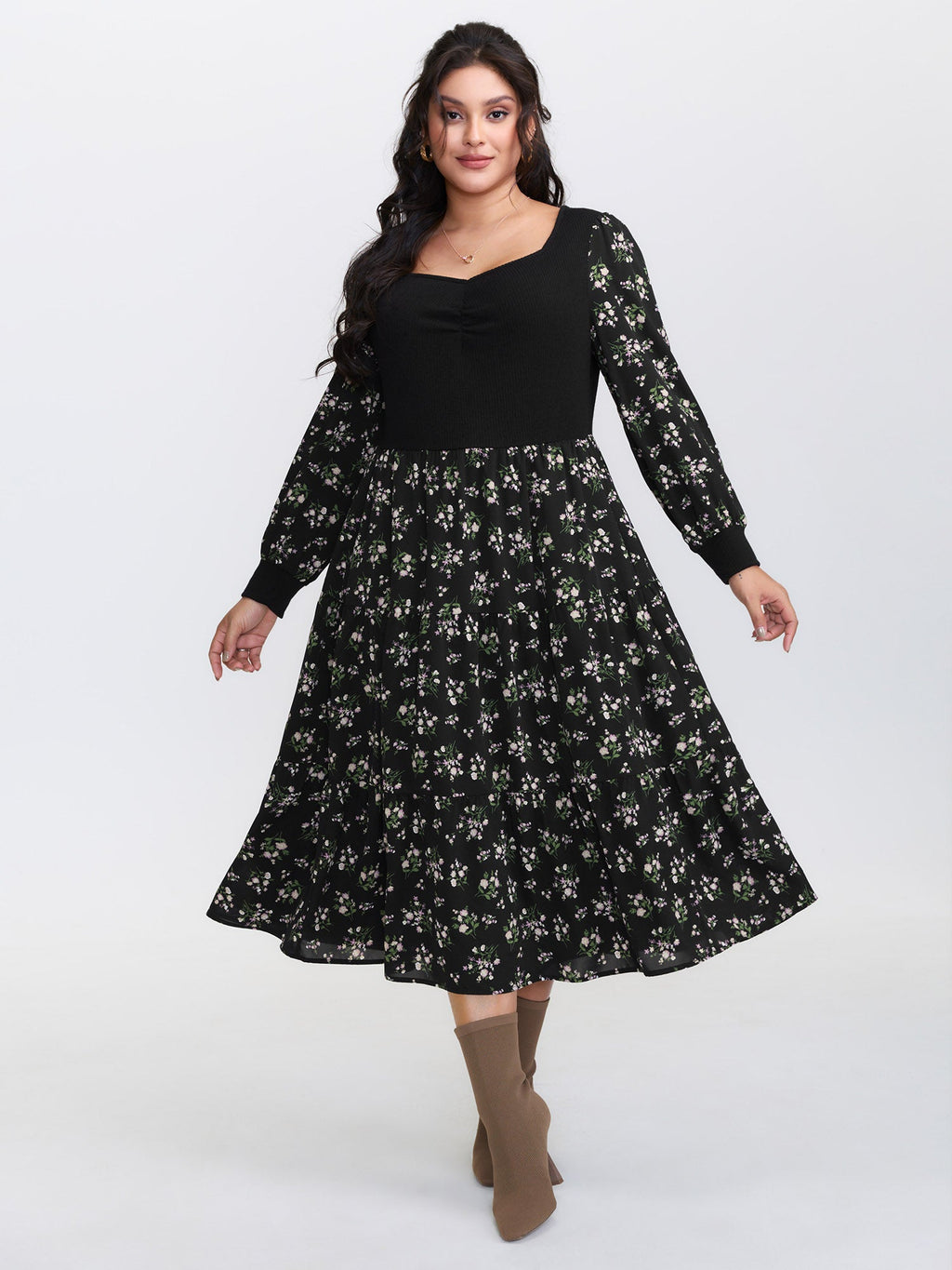 2-in-1 Floral Ruched Midi Dress