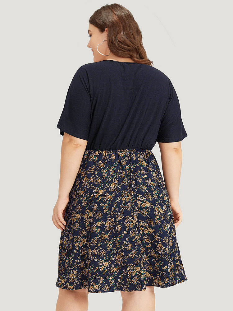 Ditsy Floral Patchwork Pocket Batwing Sleeve Dress