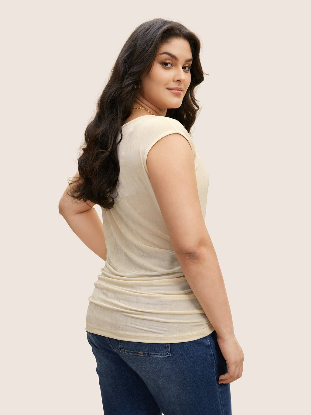 Asymmetrical Neck Pleated Cap Sleeve T-shirt